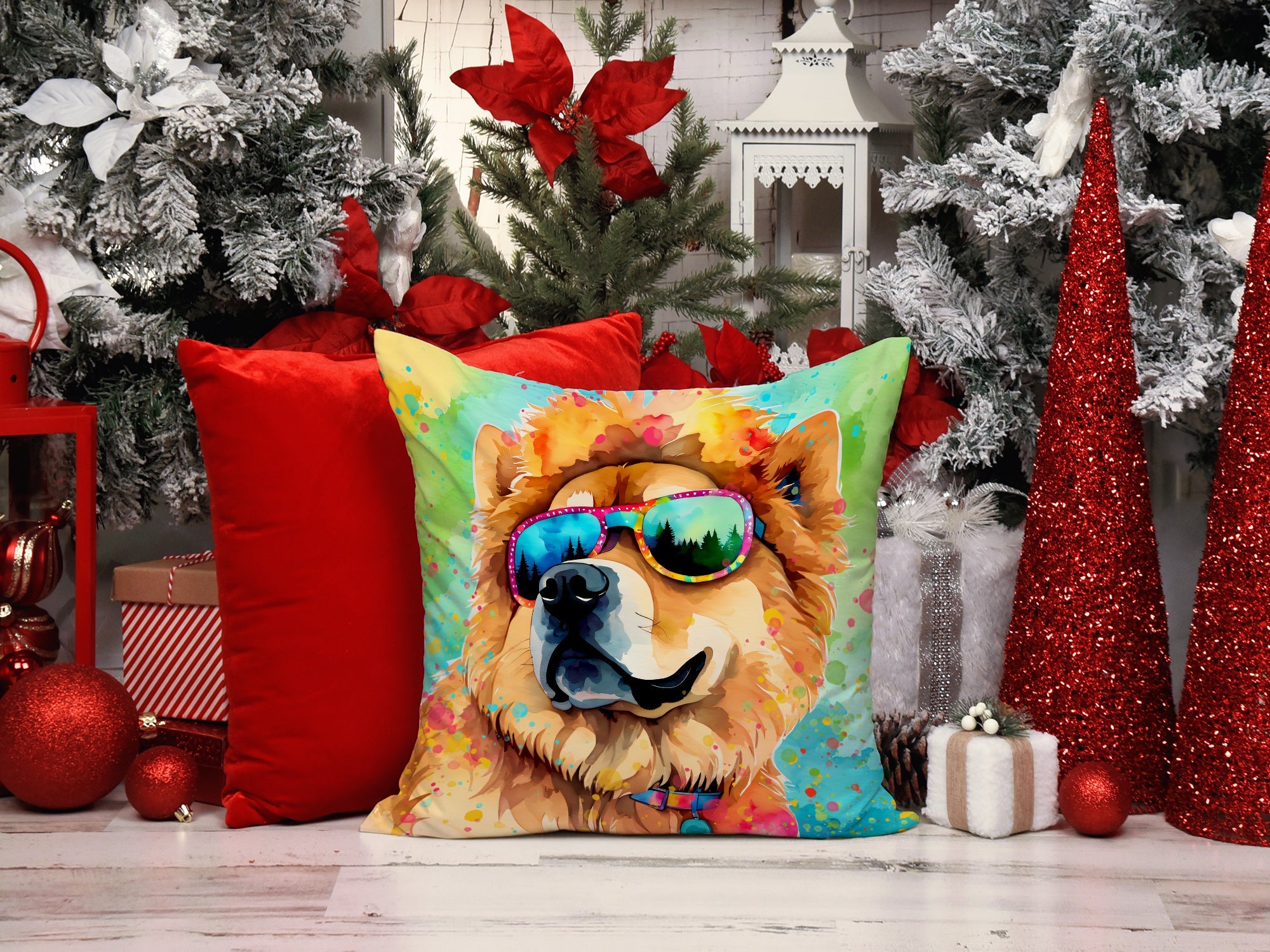 Chow Chow Hippie Dawg Decorative Throw Pillow 14x14 Indoor Outdoor Accent Cushion, Fabric Cover with Insert for Sofa, Bed, Porch & Living Room