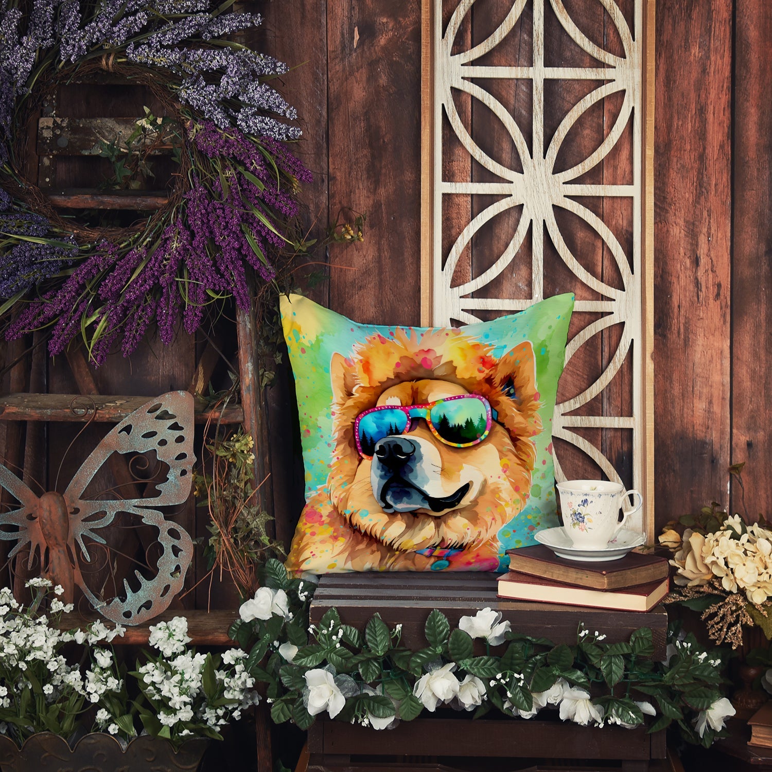 Chow Chow Hippie Dawg Decorative Throw Pillow 18x18 Indoor Outdoor Accent Cushion, Fabric Cover with Insert for Sofa, Bed, Porch & Living Room