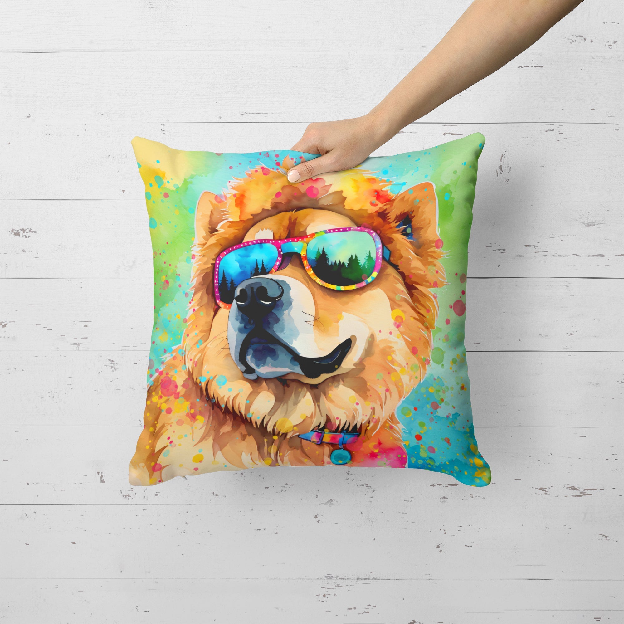 Chow Chow Hippie Dawg Decorative Throw Pillow 18x18 Indoor Outdoor Accent Cushion, Fabric Cover with Insert for Sofa, Bed, Porch & Living Room