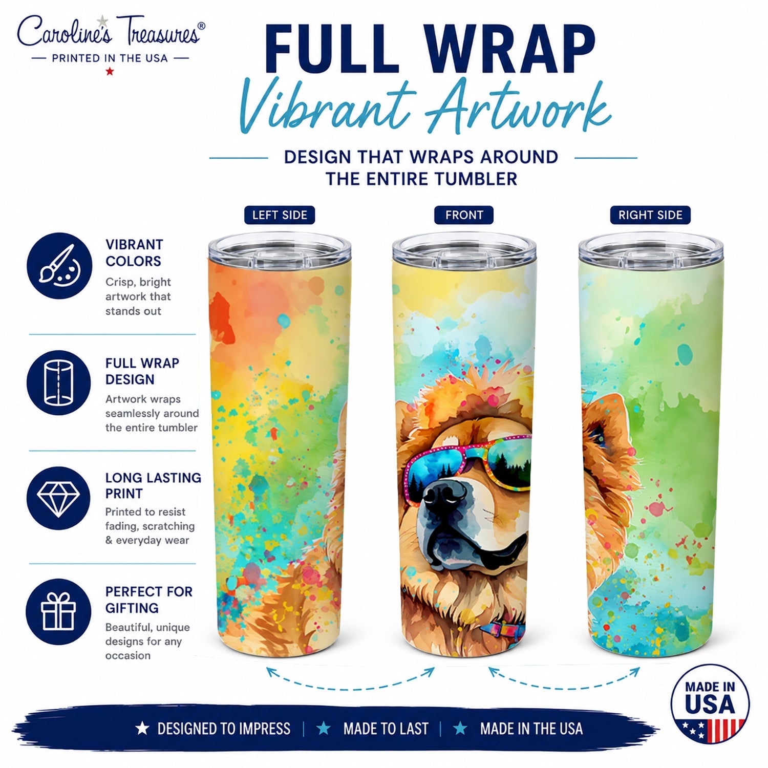 Chow Chow Hippie Dawg Stainless Steel Skinny Tumbler 20 oz Vacuum Double Walled Reusable Insulated Travel Cup