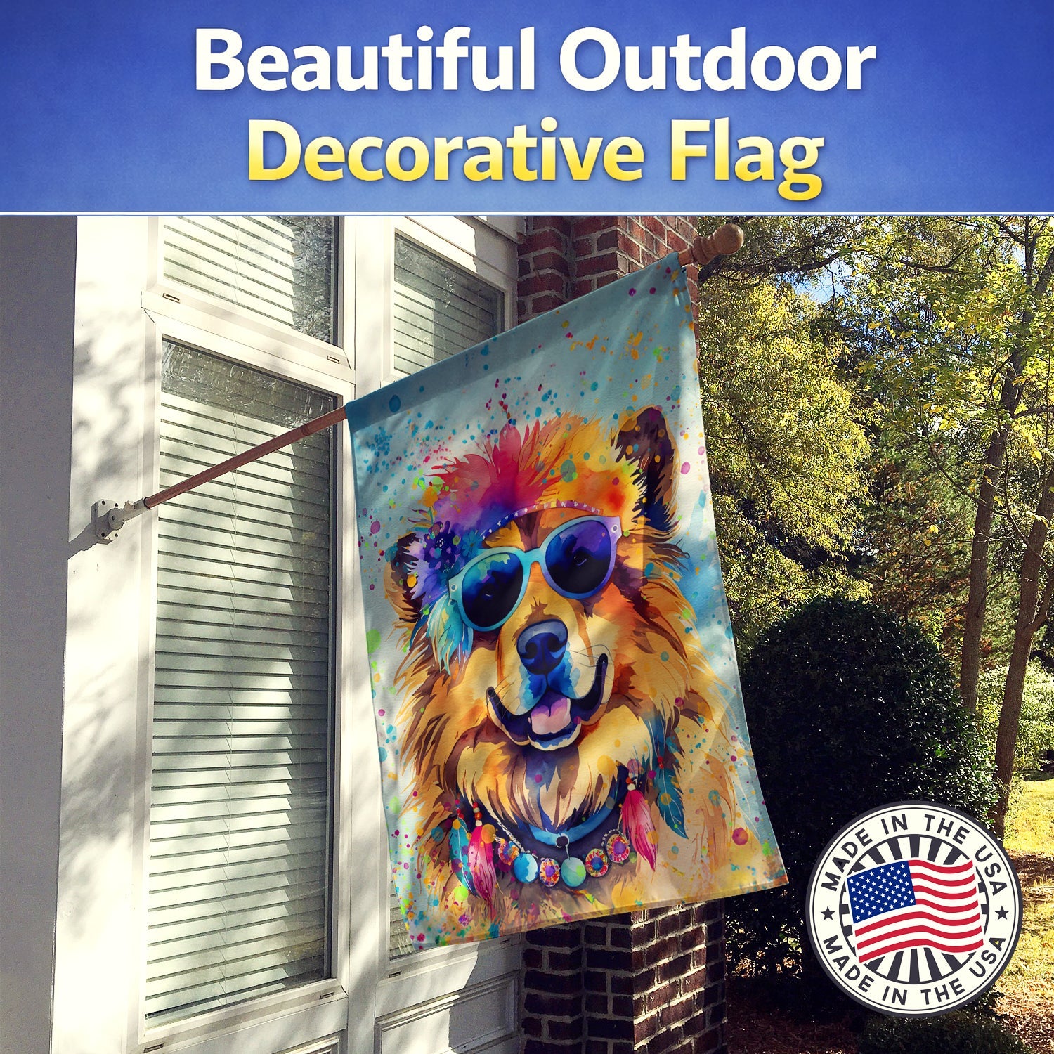 Chow Chow Hippie Dawg House Flag 28x40 Porch Sleeve Pole Decorative Outside Yard Banner Artwork Wall Hanging, Polyester