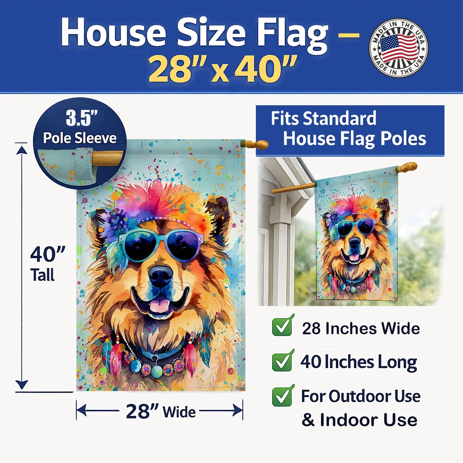 Chow Chow Hippie Dawg House Flag 28x40 Porch Sleeve Pole Decorative Outside Yard Banner Artwork Wall Hanging, Polyester