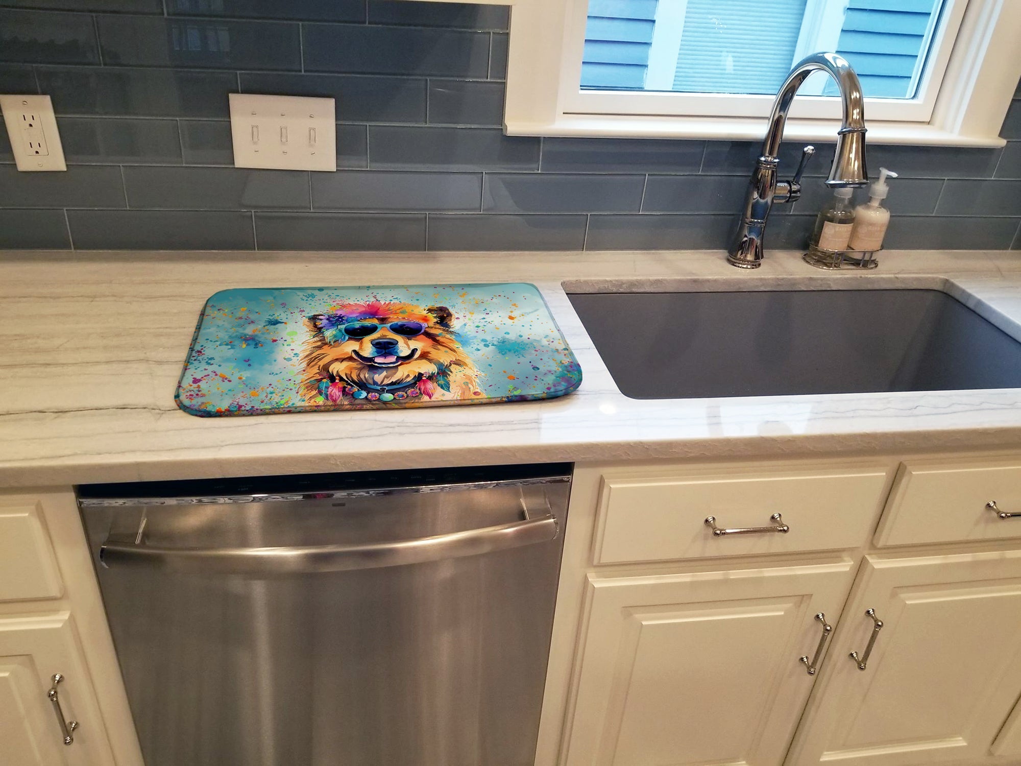 Chow Chow Hippie Dawg Dish Drying Mat Absorbent Dish Drying Mat Pad for Kitchen Counter Dish Drainer Mat for Countertop, 14 x 21", Multicolor