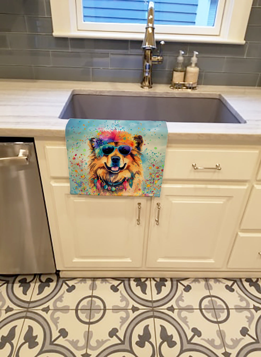 Chow Chow Hippie Dawg Kitchen Towel Velour Plush Front and Cotton Loop Back Machine Washable