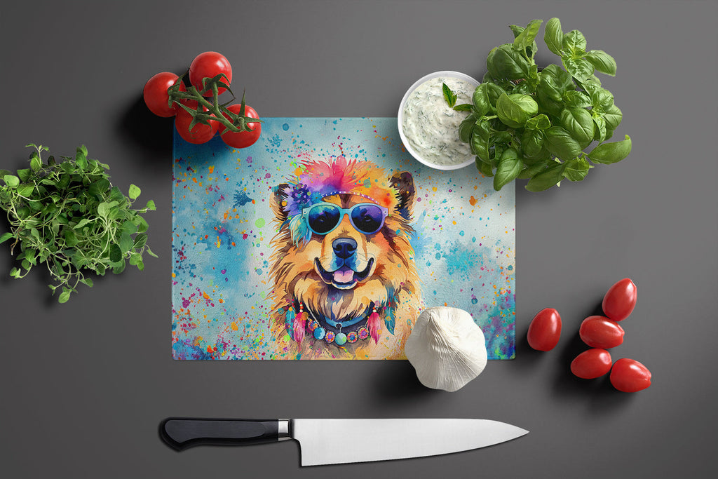 Chow Chow Hippie Dawg Cutting Board Tempered Glass Kitchen Cutting Surface, Heat Resistant Chopping, Non-Slip Feet, Food Prep & Serving