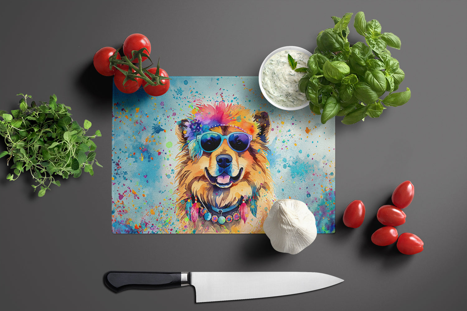 Chow Chow Hippie Dawg Cutting Board Tempered Glass Kitchen Cutting Surface, Heat Resistant Chopping, Non-Slip Feet, Food Prep & Serving