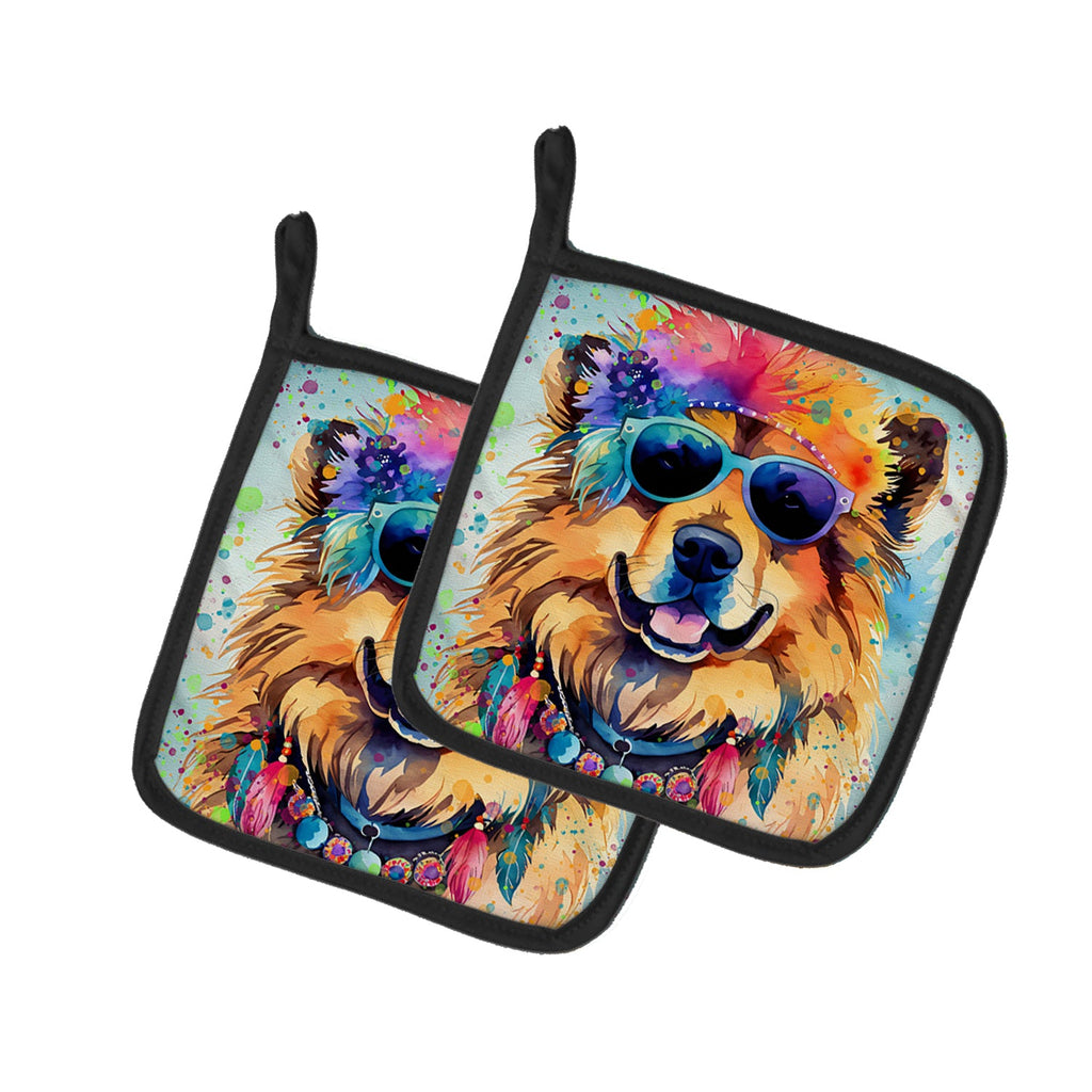 Chow Chow Hippie Dawg Pot Holder Set of 2 Heat Resistant Quilted Hot Pads 7.5 x 7.5 Inch, Insulated Kitchen Trivets for Cooking & Baking