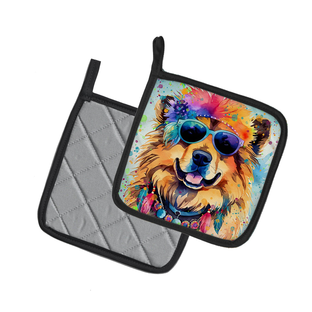 Chow Chow Hippie Dawg Pot Holder Set of 2 Heat Resistant Quilted Hot Pads 7.5 x 7.5 Inch, Insulated Kitchen Trivets for Cooking & Baking