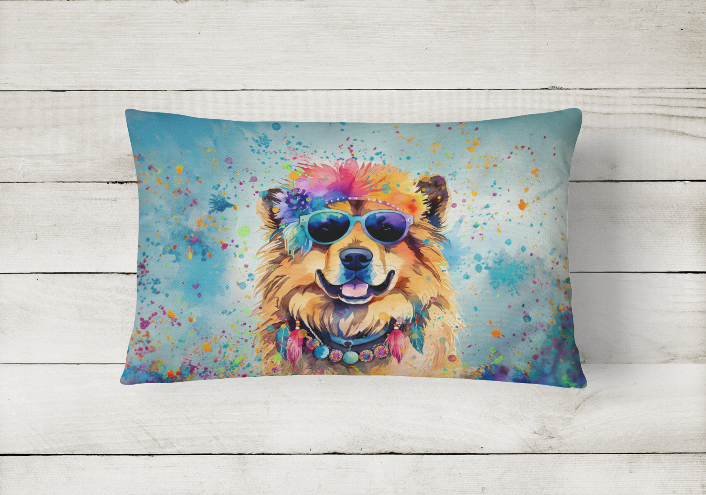Chow Chow Hippie Dawg Decorative Throw Pillow 12x16 Indoor Outdoor Accent Cushion, Fabric Cover with Insert for Sofa, Bed, Porch & Living Room