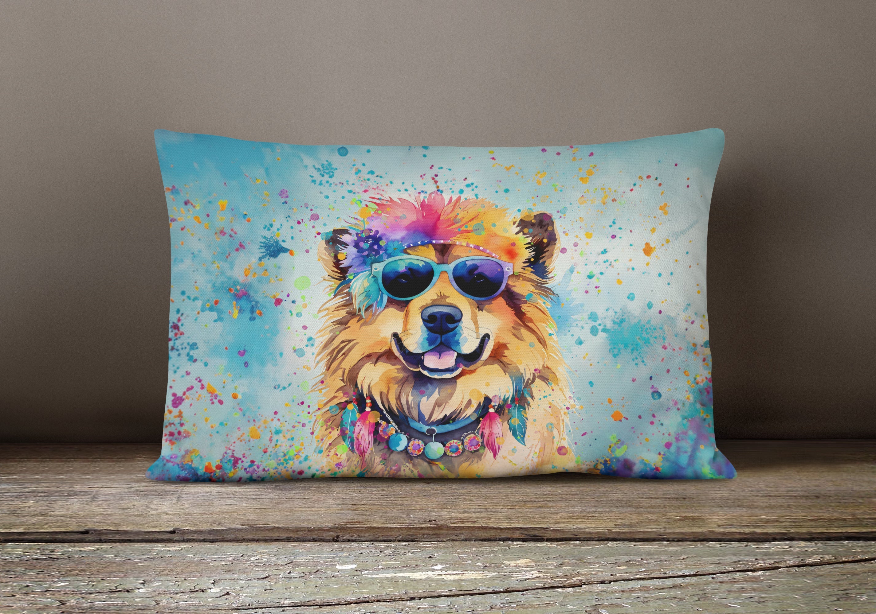Chow Chow Hippie Dawg Decorative Throw Pillow 12x16 Indoor Outdoor Accent Cushion, Fabric Cover with Insert for Sofa, Bed, Porch & Living Room
