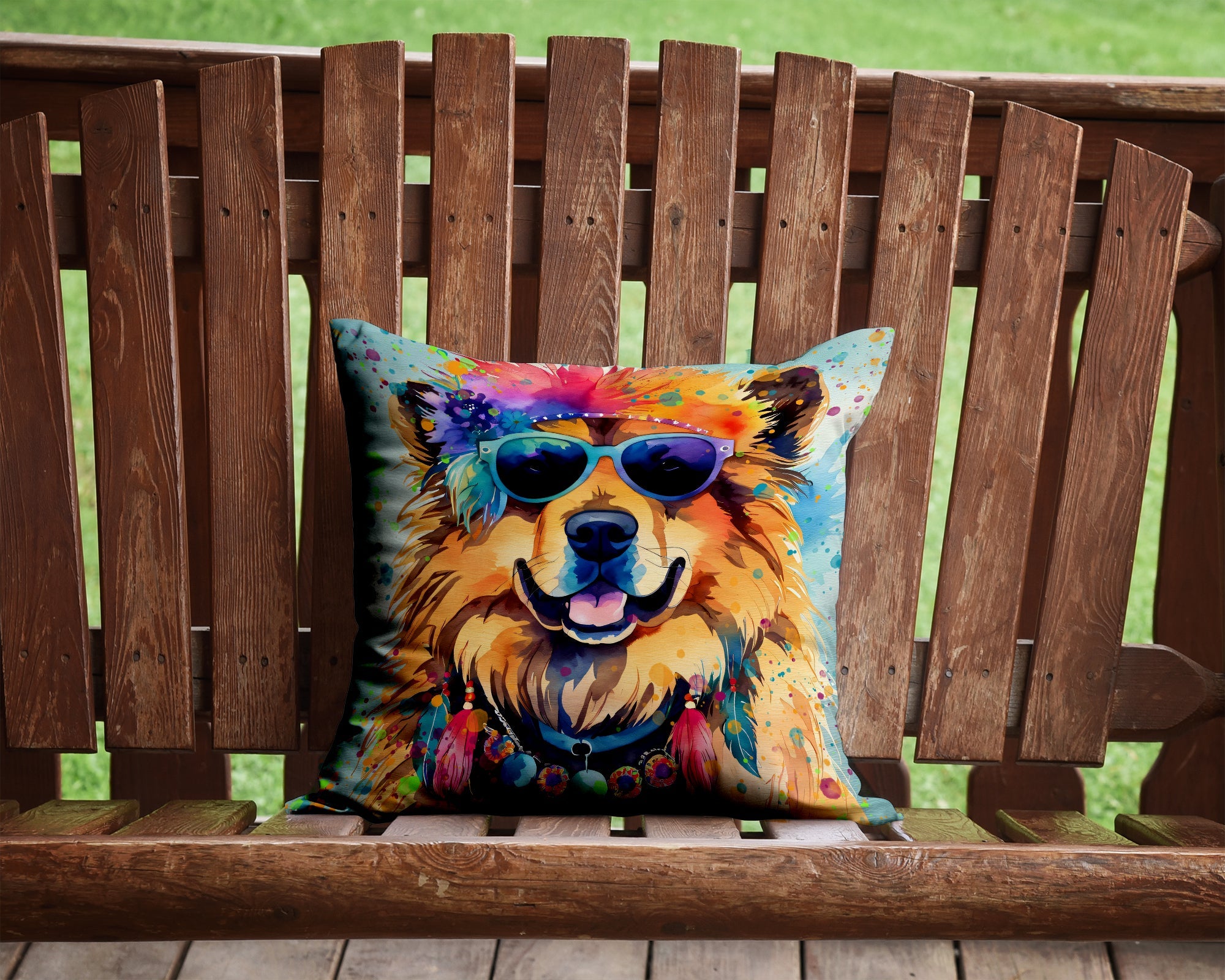 Chow Chow Hippie Dawg Decorative Throw Pillow 14x14 Indoor Outdoor Accent Cushion, Fabric Cover with Insert for Sofa, Bed, Porch & Living Room