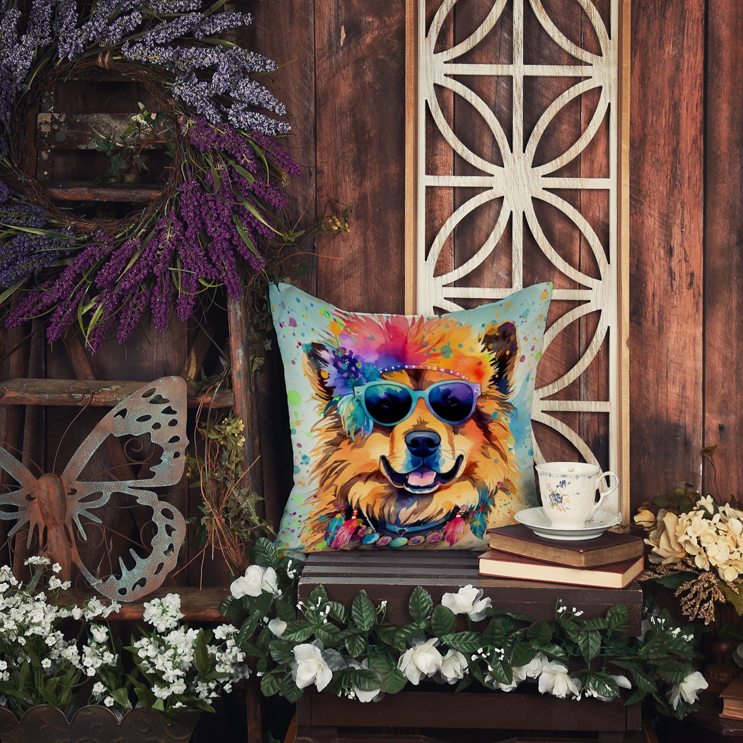 Chow Chow Hippie Dawg Decorative Throw Pillow 18x18 Indoor Outdoor Accent Cushion, Fabric Cover with Insert for Sofa, Bed, Porch & Living Room