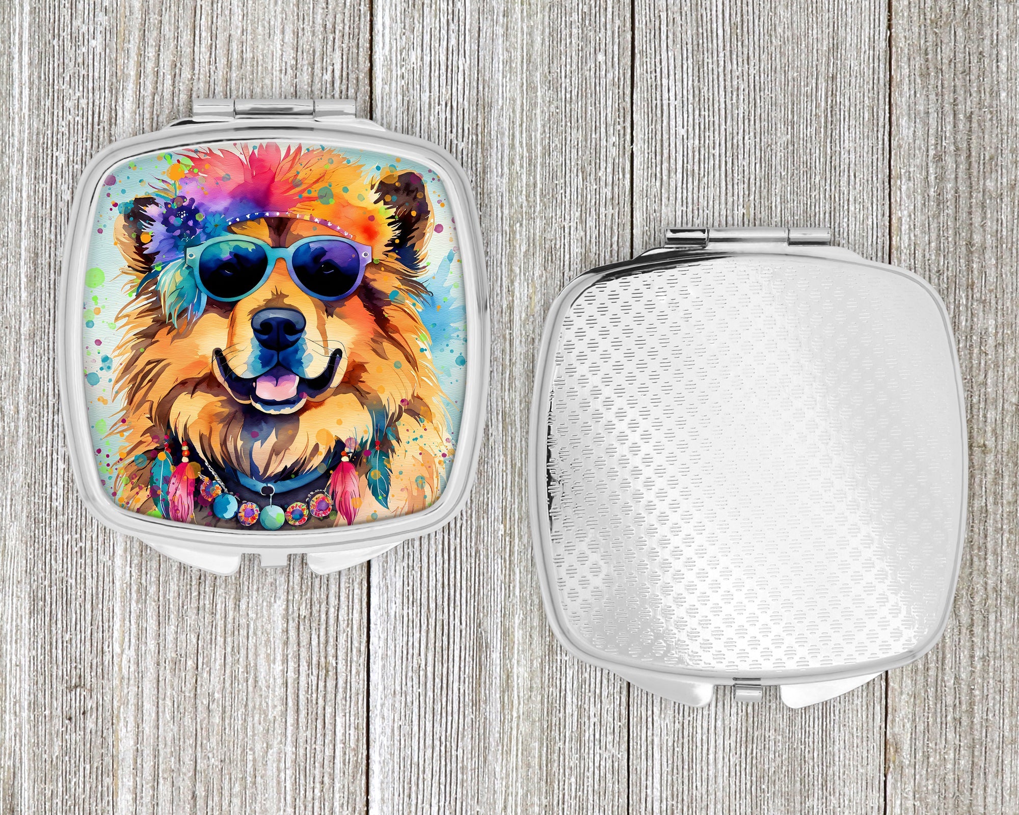 Chow Chow Hippie Dawg Compact Mirror Decorative Travel Makeup Mirror for Women Girls Gifts Pocket Makeup Mirror Folding Handheld