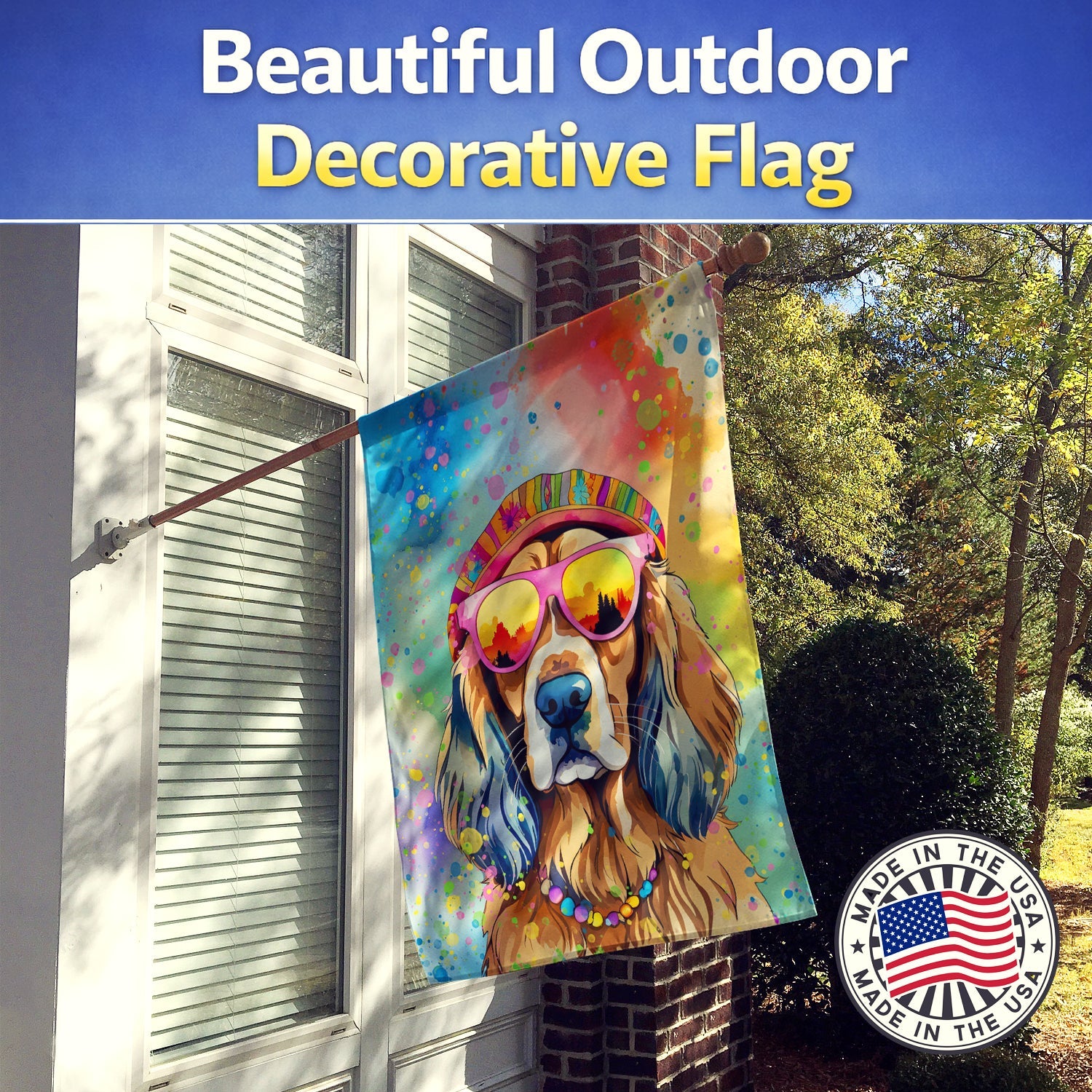 Cocker Spaniel Hippie Dawg House Flag 28x40 Porch Sleeve Pole Decorative Outside Yard Banner Artwork Wall Hanging, Polyester