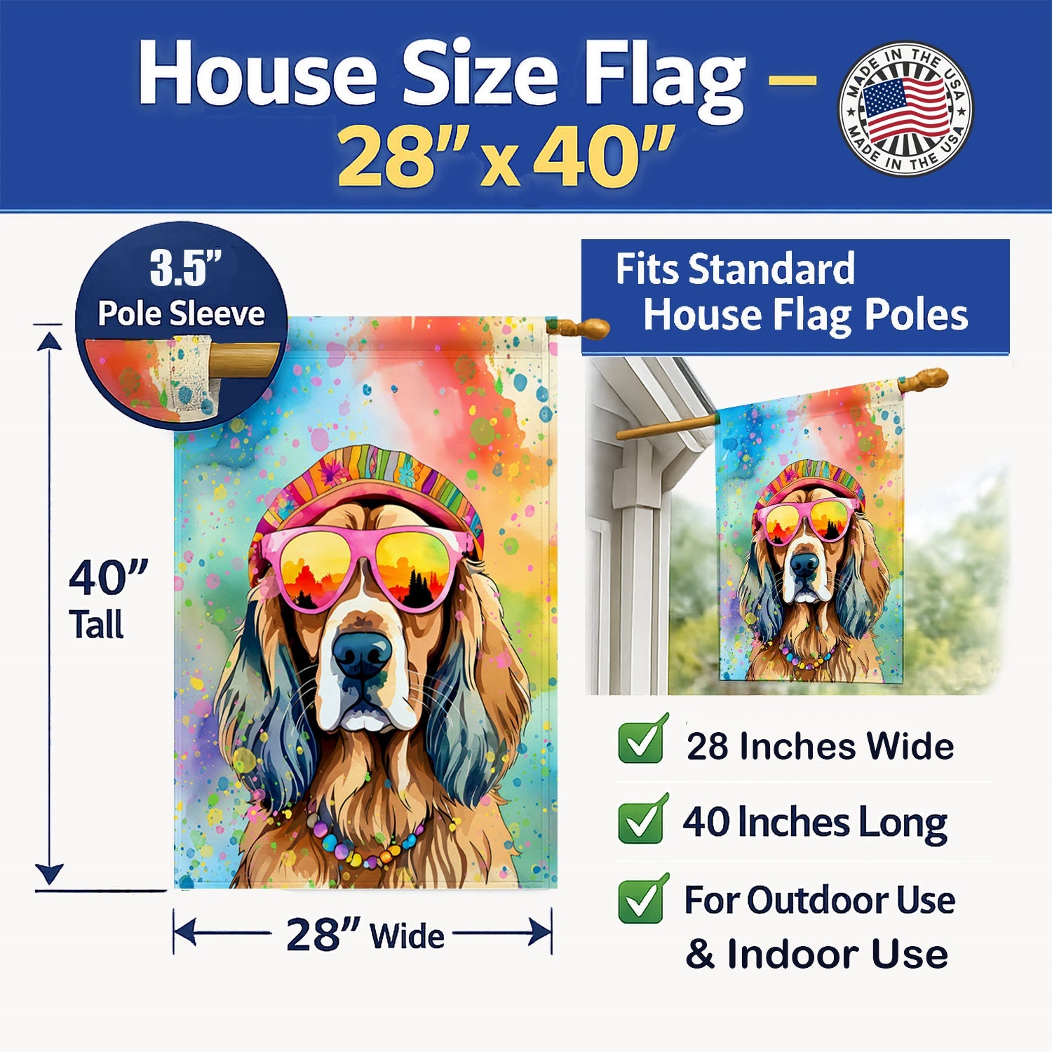 Cocker Spaniel Hippie Dawg House Flag 28x40 Porch Sleeve Pole Decorative Outside Yard Banner Artwork Wall Hanging, Polyester