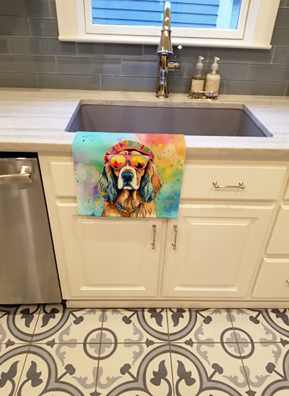 Cocker Spaniel Hippie Dawg Kitchen Towel Velour Plush Front and Cotton Loop Back Machine Washable