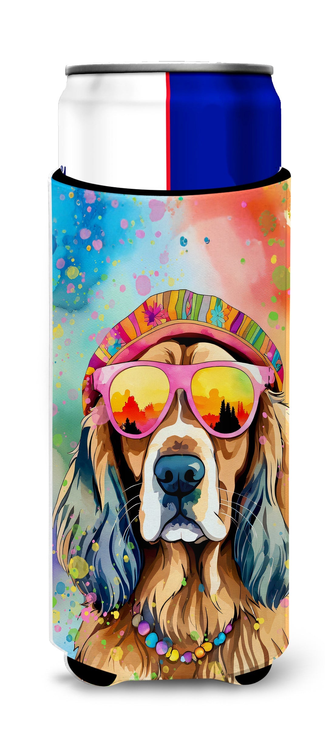 Cocker Spaniel Hippie Dawg Slim Can Hugger , Insulated Foam Hugger for 12 oz Slim Cans, Beer Bottles & Water Bottles, Printed in USA