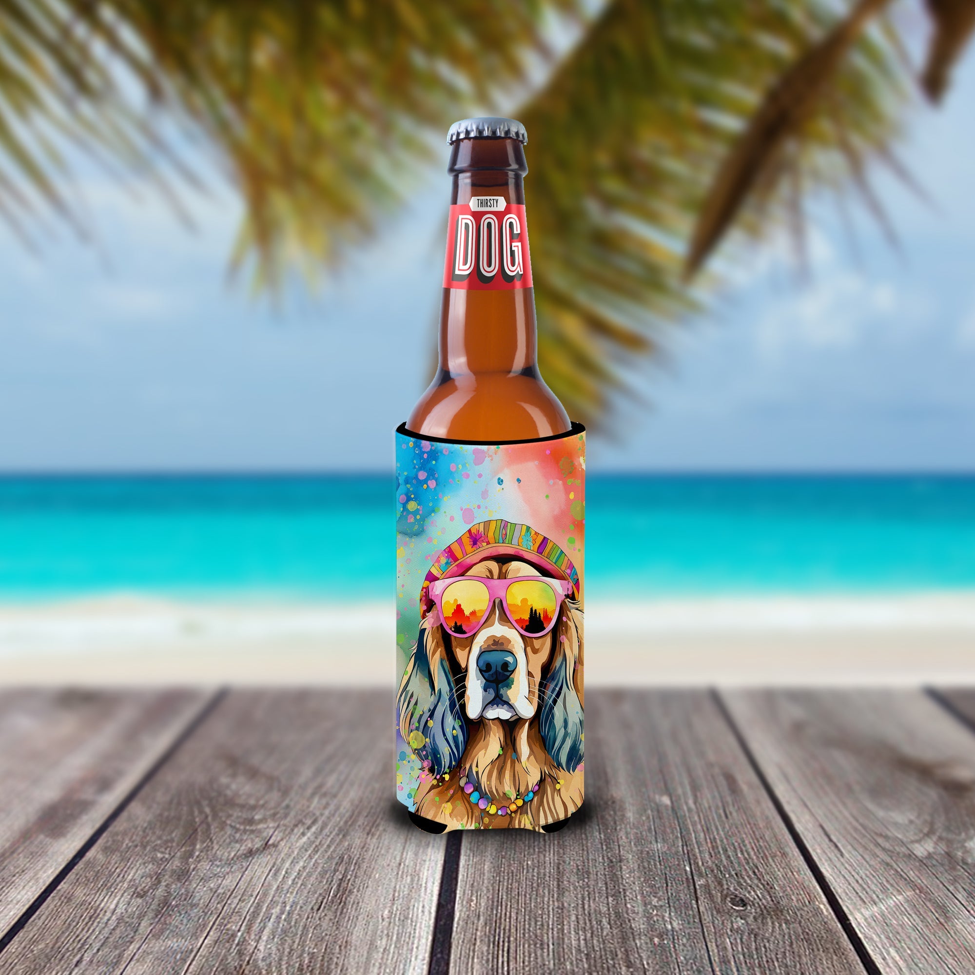 Cocker Spaniel Hippie Dawg Slim Can Hugger , Insulated Foam Hugger for 12 oz Slim Cans, Beer Bottles & Water Bottles, Printed in USA