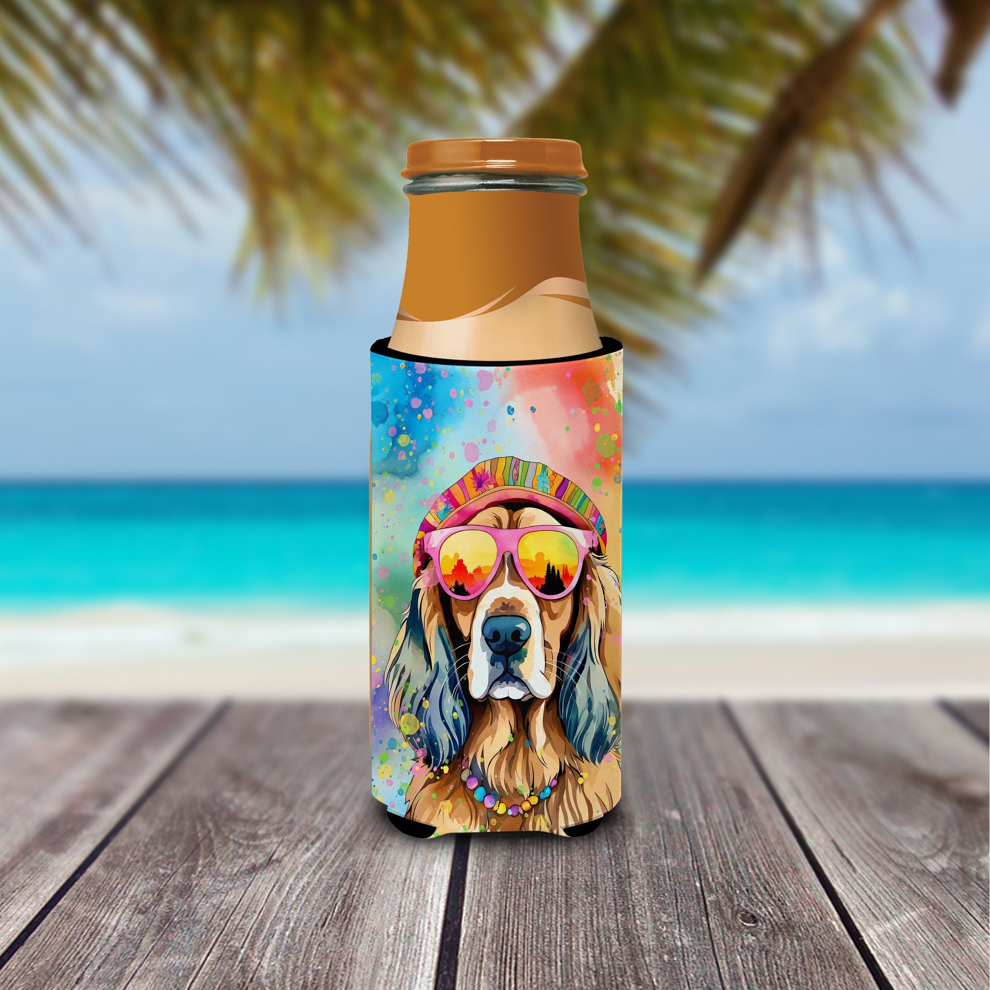 Cocker Spaniel Hippie Dawg Slim Can Hugger , Insulated Foam Hugger for 12 oz Slim Cans, Beer Bottles & Water Bottles, Printed in USA