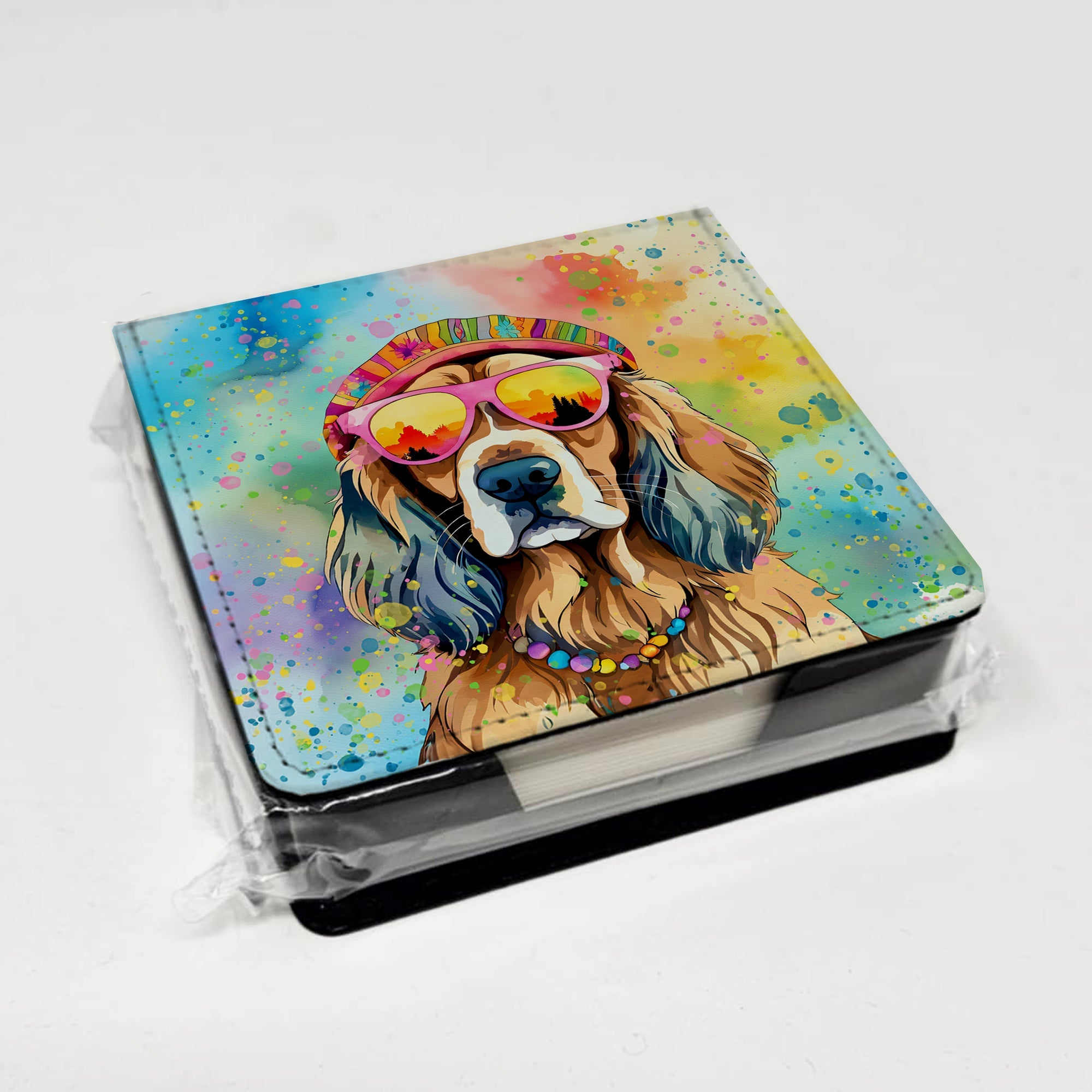 Cocker Spaniel Hippie Dawg PU Leather Note Paper Holder with Artist-Designed Cover, Desk Accessory, Office Gift