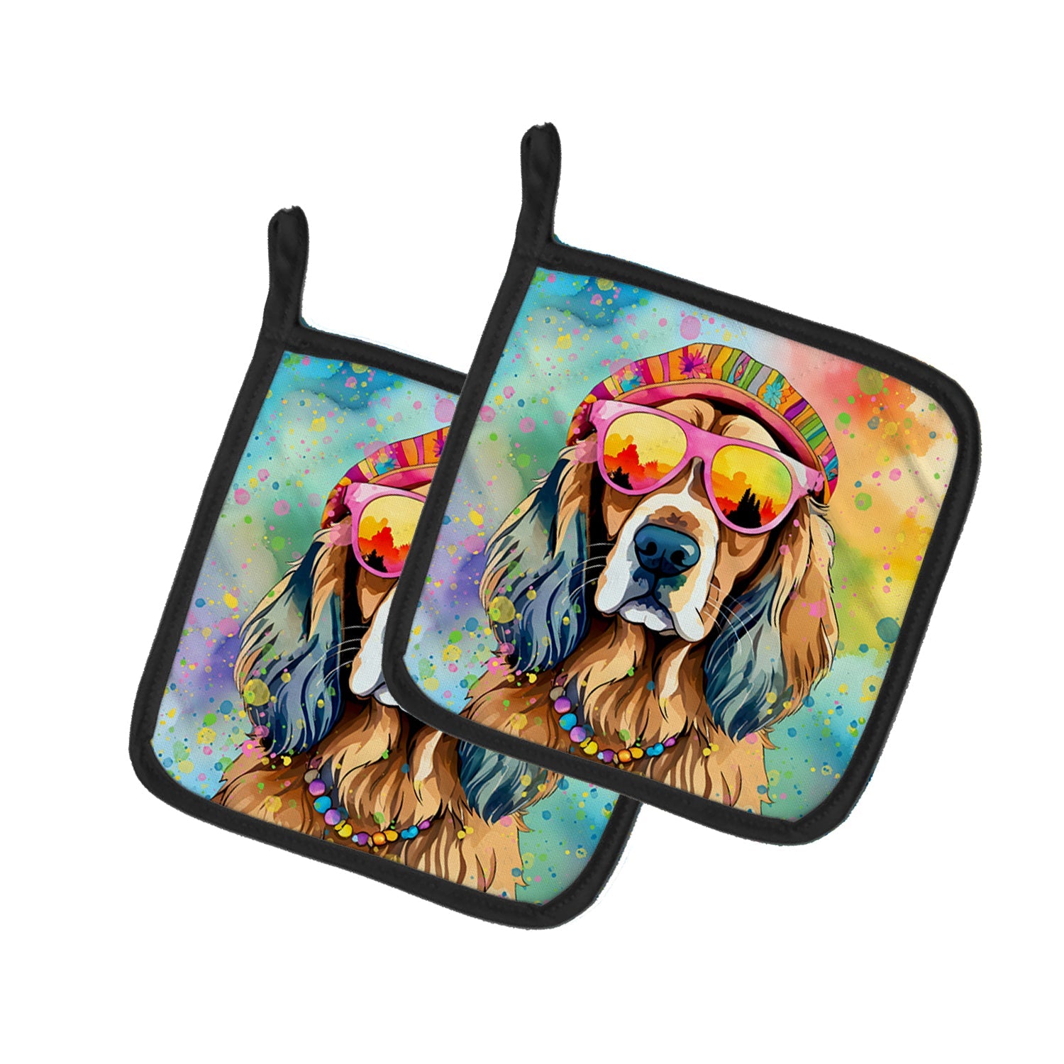 Cocker Spaniel Hippie Dawg Pot Holder Set of 2 Heat Resistant Quilted Hot Pads 7.5 x 7.5 Inch, Insulated Kitchen Trivets for Cooking & Baking