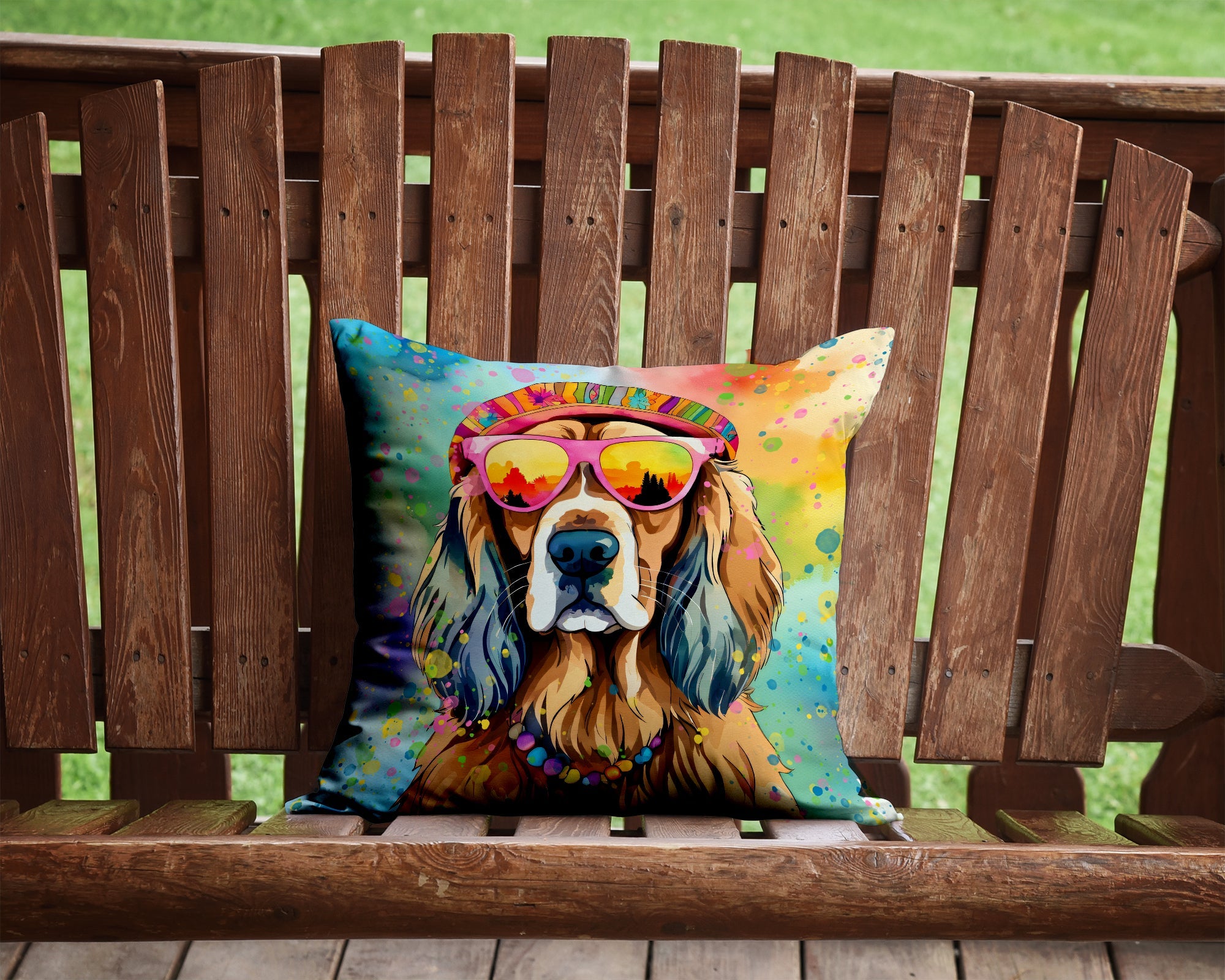 Cocker Spaniel Hippie Dawg Decorative Throw Pillow 14x14 Indoor Outdoor Accent Cushion, Fabric Cover with Insert for Sofa, Bed, Porch & Living Room