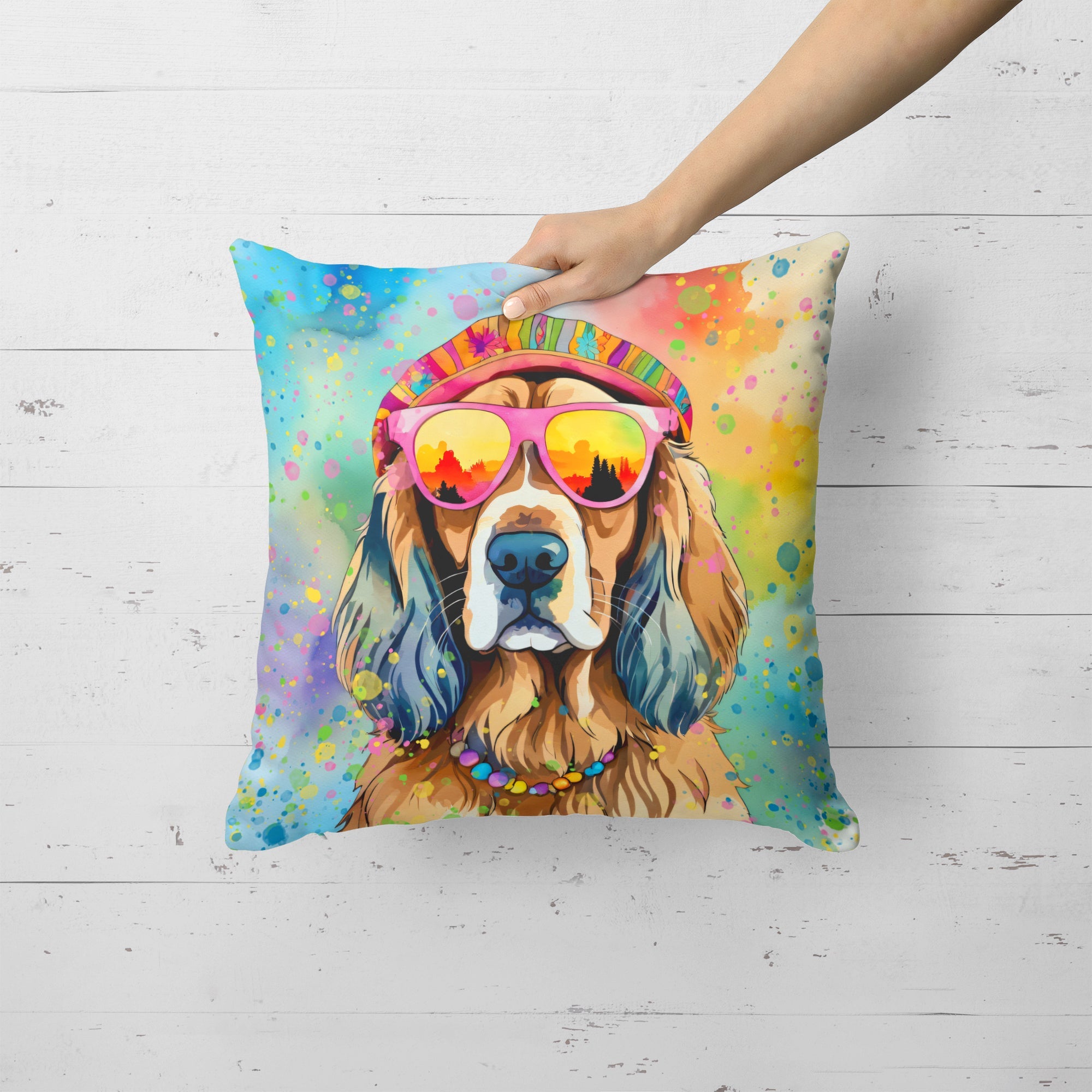 Cocker Spaniel Hippie Dawg Decorative Throw Pillow 18x18 Indoor Outdoor Accent Cushion, Fabric Cover with Insert for Sofa, Bed, Porch & Living Room