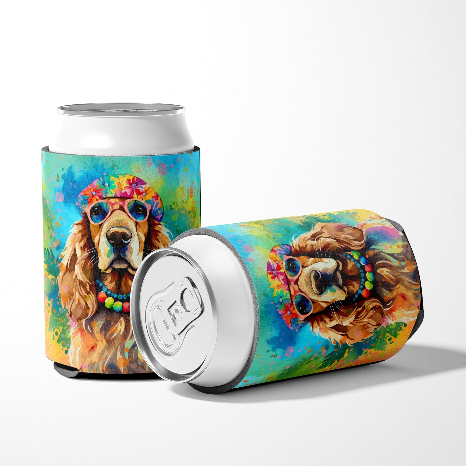 Cocker Spaniel Hippie Dawg Can or Bottle Hugger Cooler Sleeve for Standard 12 oz Cans, Insulated Foam Beer & Soda Can Hugger Reusable