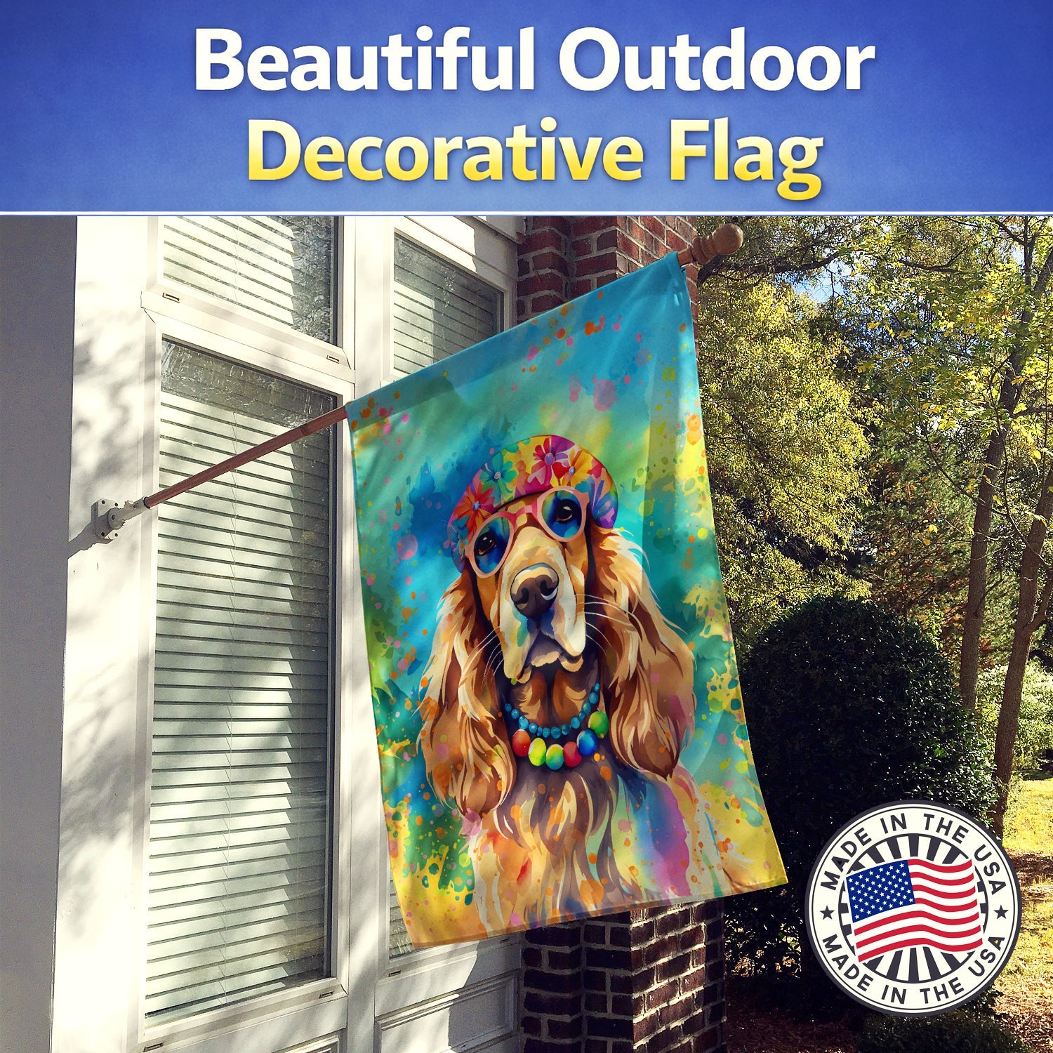 Cocker Spaniel Hippie Dawg House Flag 28x40 Porch Sleeve Pole Decorative Outside Yard Banner Artwork Wall Hanging, Polyester