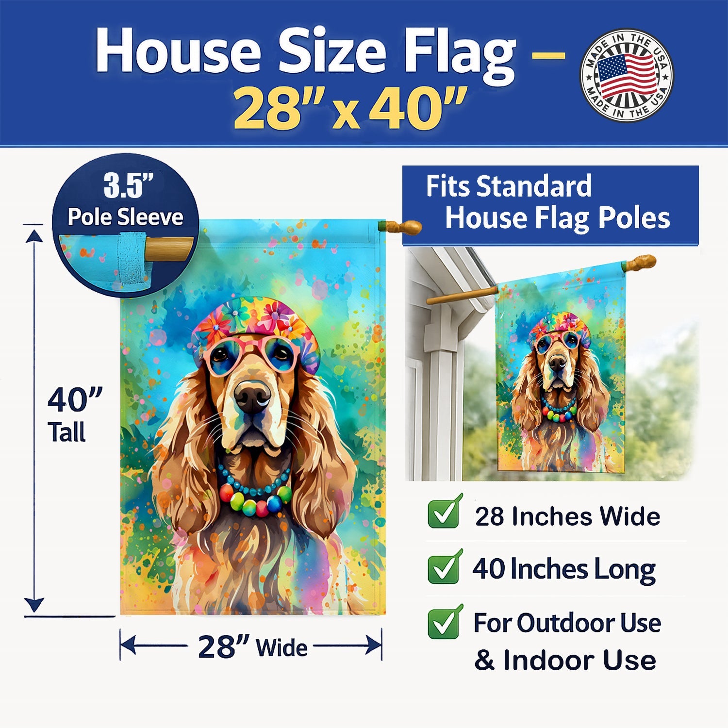 Cocker Spaniel Hippie Dawg House Flag 28x40 Porch Sleeve Pole Decorative Outside Yard Banner Artwork Wall Hanging, Polyester