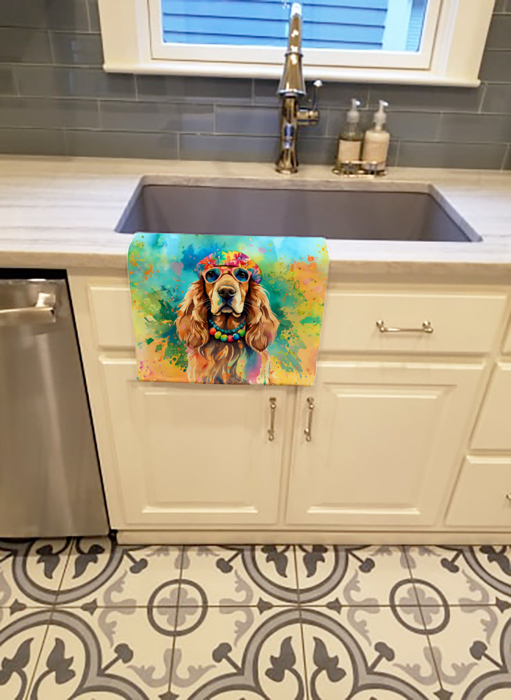 Cocker Spaniel Hippie Dawg Kitchen Towel Velour Plush Front and Cotton Loop Back Machine Washable