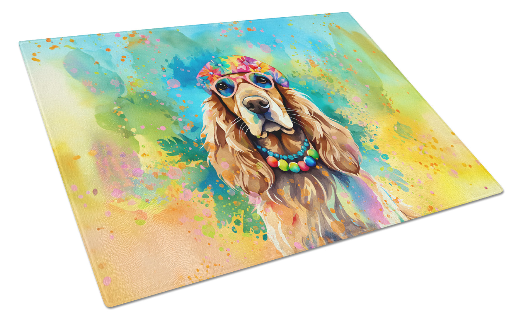 Cocker Spaniel Hippie Dawg Cutting Board Tempered Glass Kitchen Cutting Surface, Heat Resistant Chopping, Non-Slip Feet, Food Prep & Serving