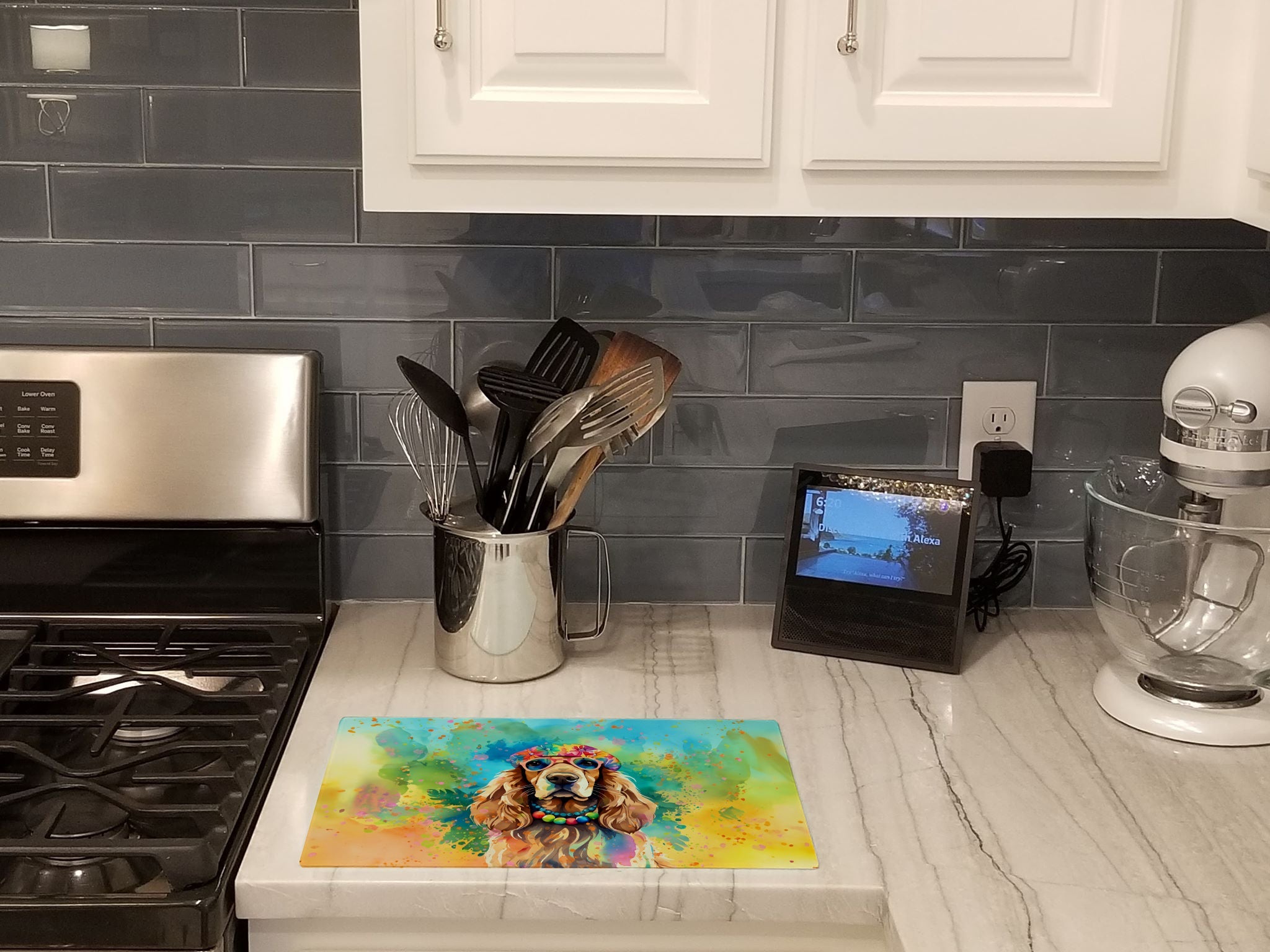 Cocker Spaniel Hippie Dawg Cutting Board Tempered Glass Kitchen Cutting Surface, Heat Resistant Chopping, Non-Slip Feet, Food Prep & Serving