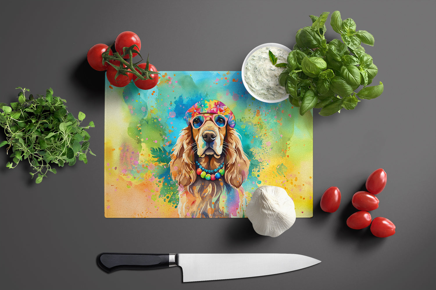 Cocker Spaniel Hippie Dawg Cutting Board Tempered Glass Kitchen Cutting Surface, Heat Resistant Chopping, Non-Slip Feet, Food Prep & Serving