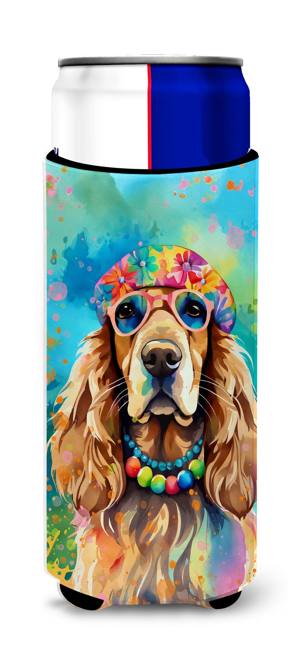 Cocker Spaniel Hippie Dawg Slim Can Hugger , Insulated Foam Hugger for 12 oz Slim Cans, Beer Bottles & Water Bottles, Printed in USA
