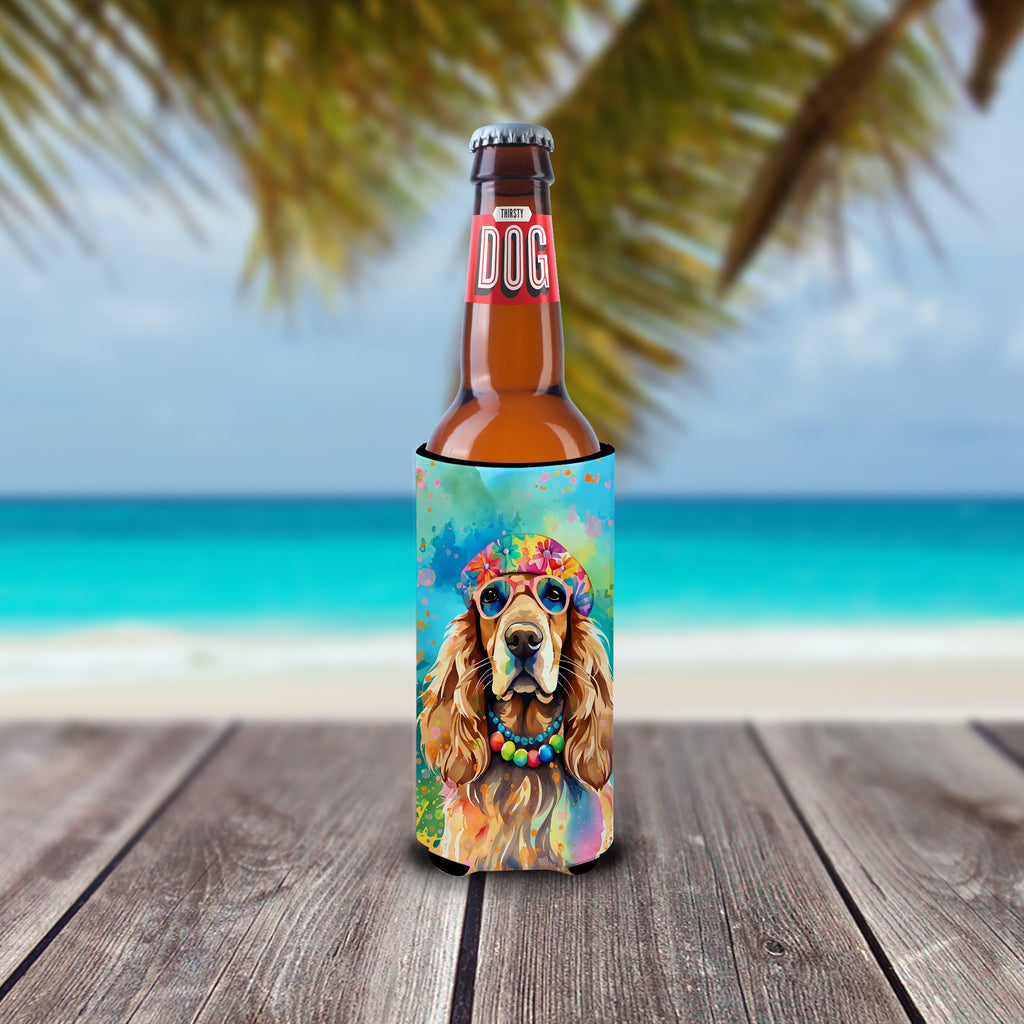 Cocker Spaniel Hippie Dawg Slim Can Hugger , Insulated Foam Hugger for 12 oz Slim Cans, Beer Bottles & Water Bottles, Printed in USA