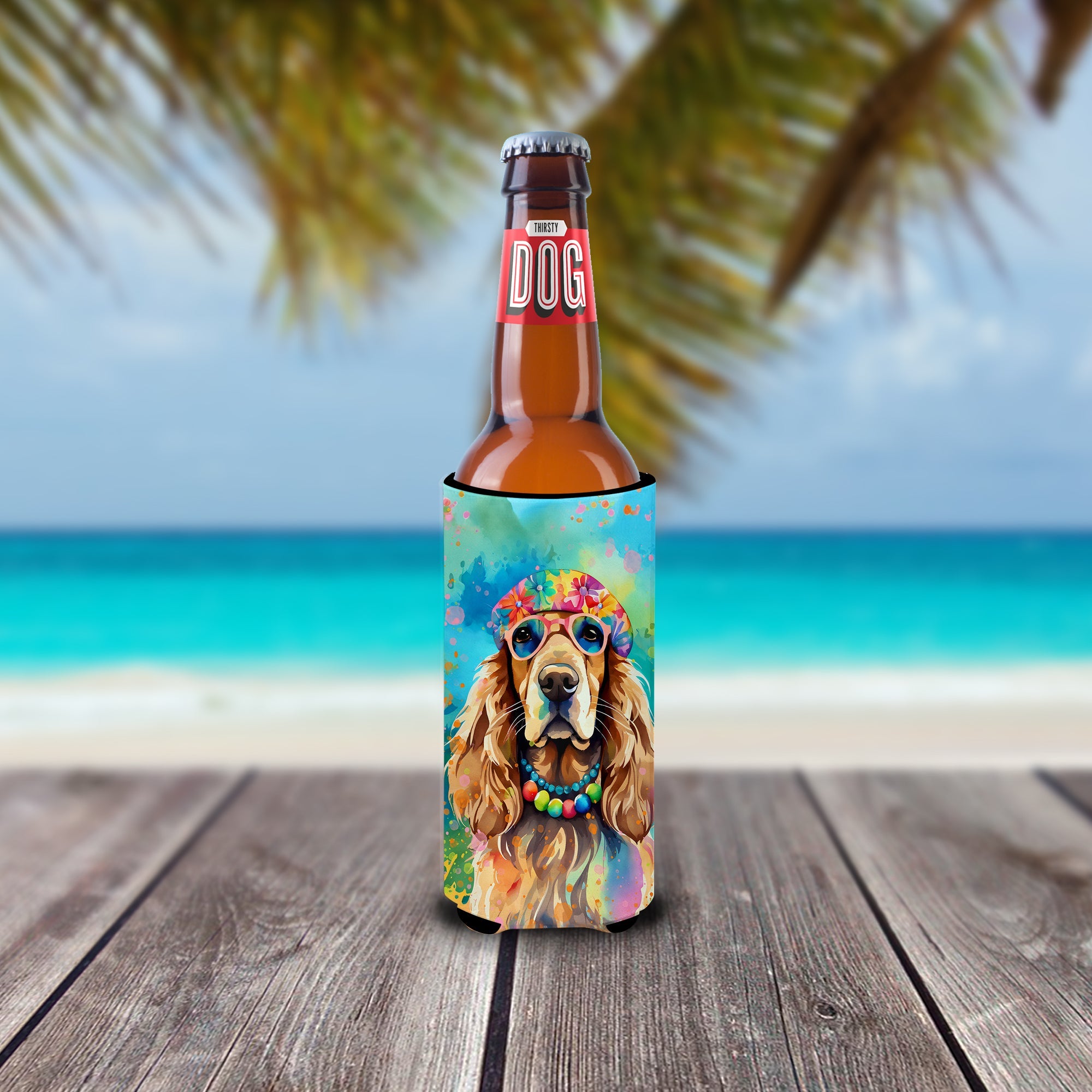 Cocker Spaniel Hippie Dawg Slim Can Hugger , Insulated Foam Hugger for 12 oz Slim Cans, Beer Bottles & Water Bottles, Printed in USA