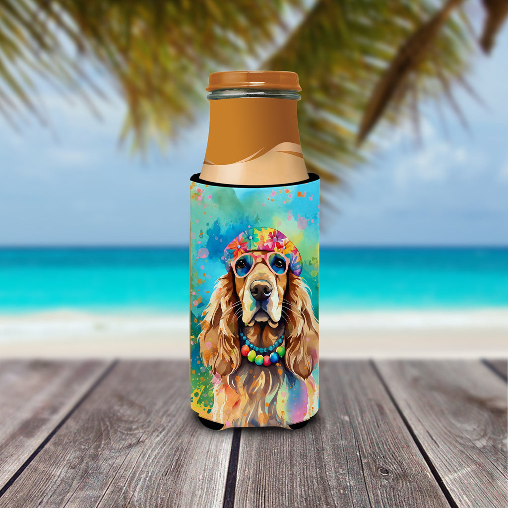 Cocker Spaniel Hippie Dawg Slim Can Hugger , Insulated Foam Hugger for 12 oz Slim Cans, Beer Bottles & Water Bottles, Printed in USA