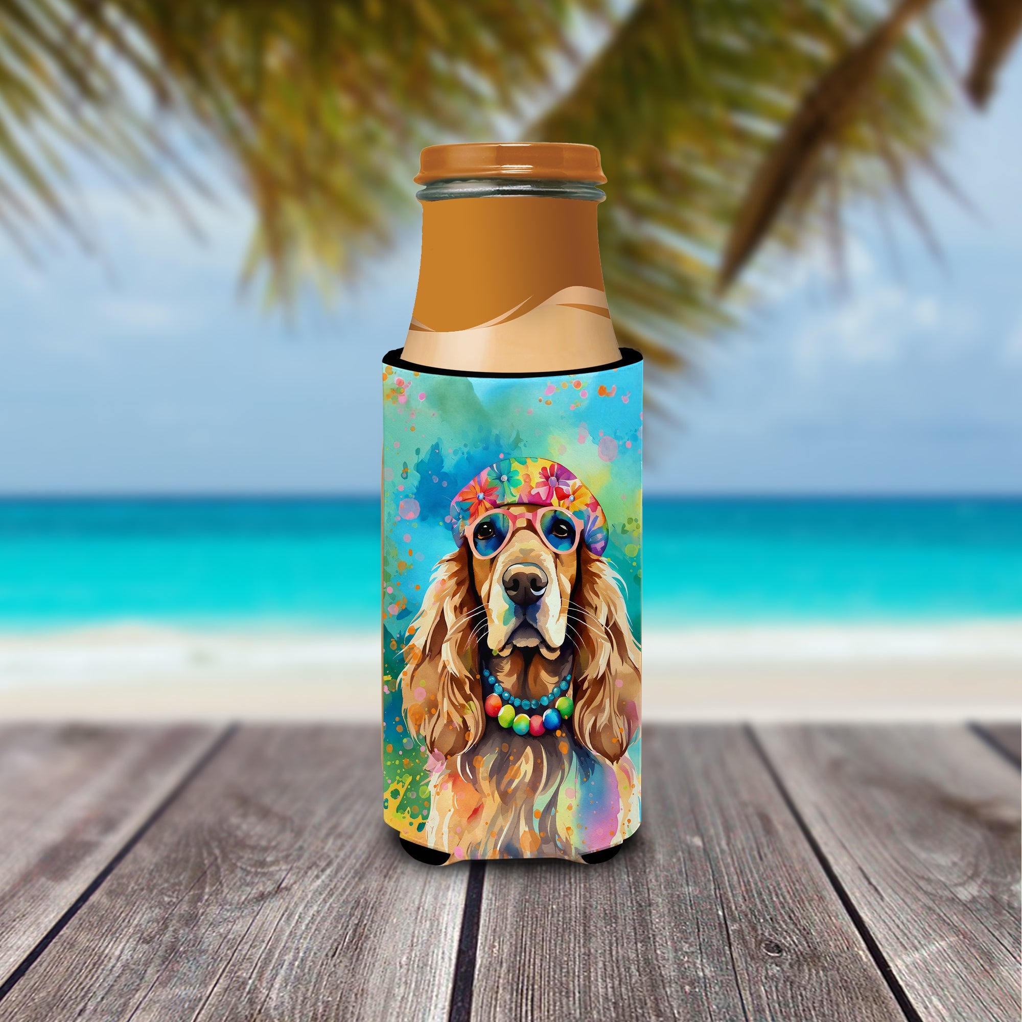 Cocker Spaniel Hippie Dawg Slim Can Hugger , Insulated Foam Hugger for 12 oz Slim Cans, Beer Bottles & Water Bottles, Printed in USA