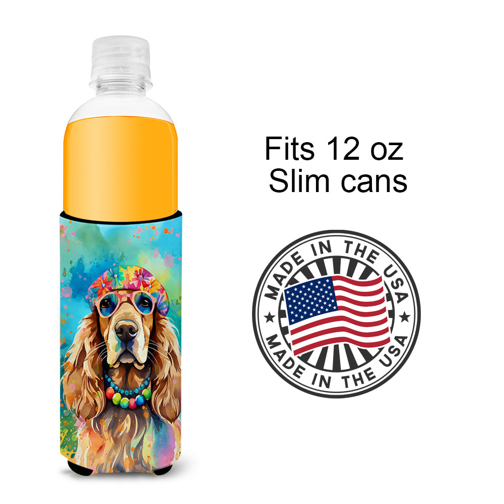 Cocker Spaniel Hippie Dawg Slim Can Hugger , Insulated Foam Hugger for 12 oz Slim Cans, Beer Bottles & Water Bottles, Printed in USA