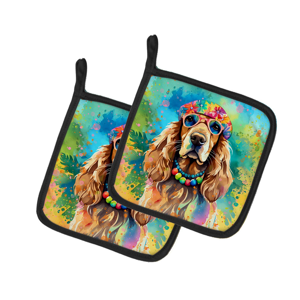 Cocker Spaniel Hippie Dawg Pot Holder Set of 2 Heat Resistant Quilted Hot Pads 7.5 x 7.5 Inch, Insulated Kitchen Trivets for Cooking & Baking