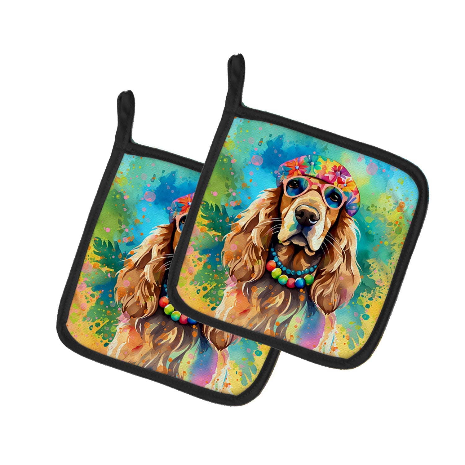 Cocker Spaniel Hippie Dawg Pot Holder Set of 2 Heat Resistant Quilted Hot Pads 7.5 x 7.5 Inch, Insulated Kitchen Trivets for Cooking & Baking