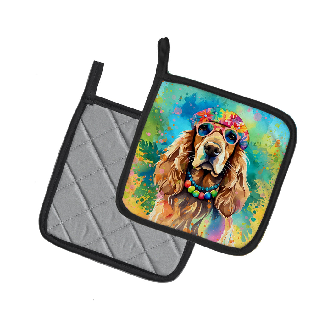Cocker Spaniel Hippie Dawg Pot Holder Set of 2 Heat Resistant Quilted Hot Pads 7.5 x 7.5 Inch, Insulated Kitchen Trivets for Cooking & Baking