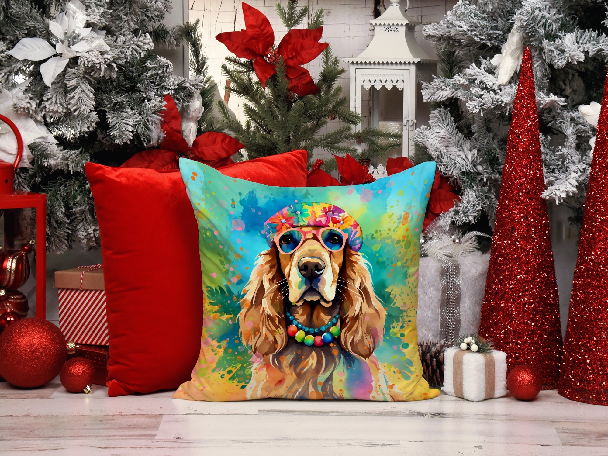 Cocker Spaniel Hippie Dawg Decorative Throw Pillow 14x14 Indoor Outdoor Accent Cushion, Fabric Cover with Insert for Sofa, Bed, Porch & Living Room