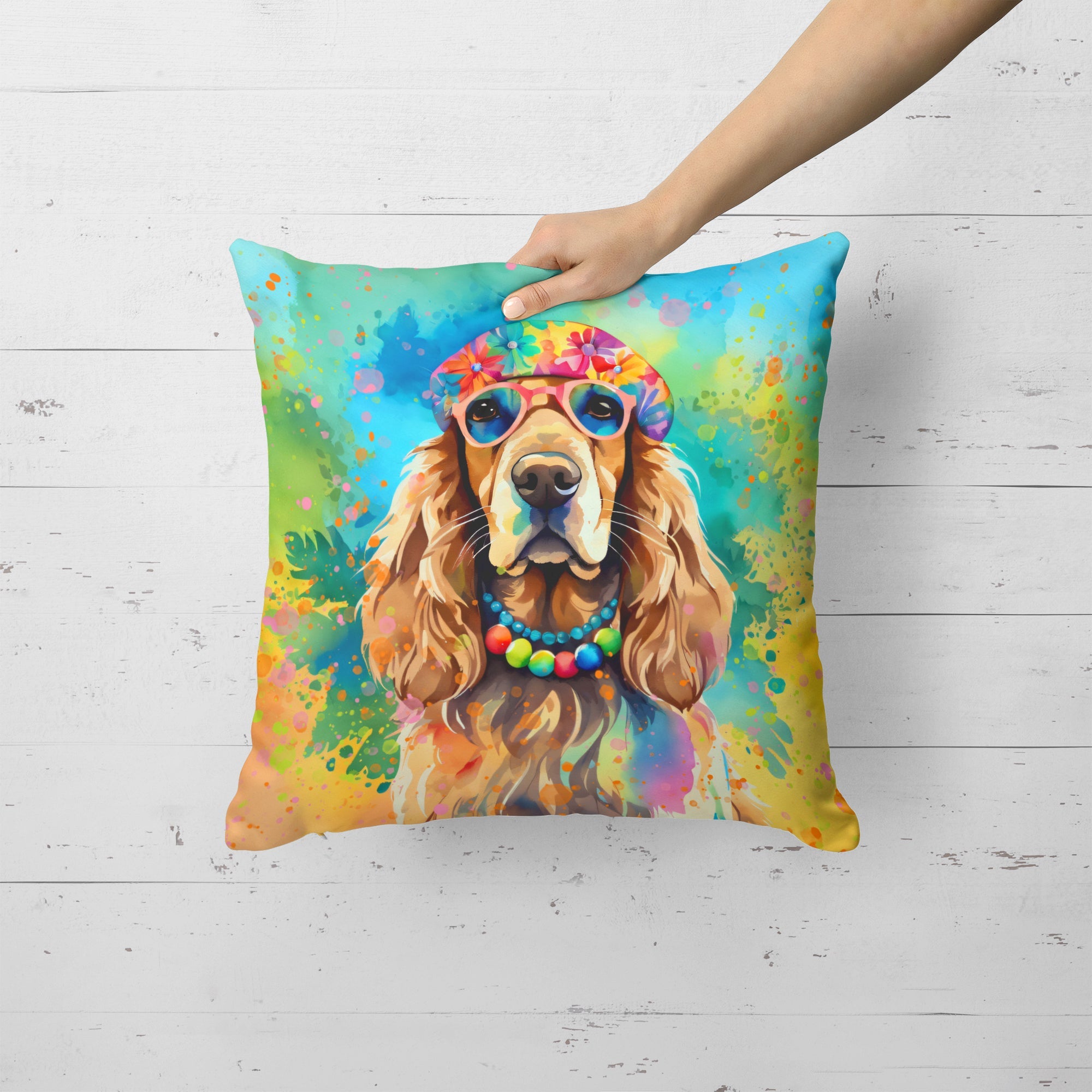 Cocker Spaniel Hippie Dawg Decorative Throw Pillow 18x18 Indoor Outdoor Accent Cushion, Fabric Cover with Insert for Sofa, Bed, Porch & Living Room