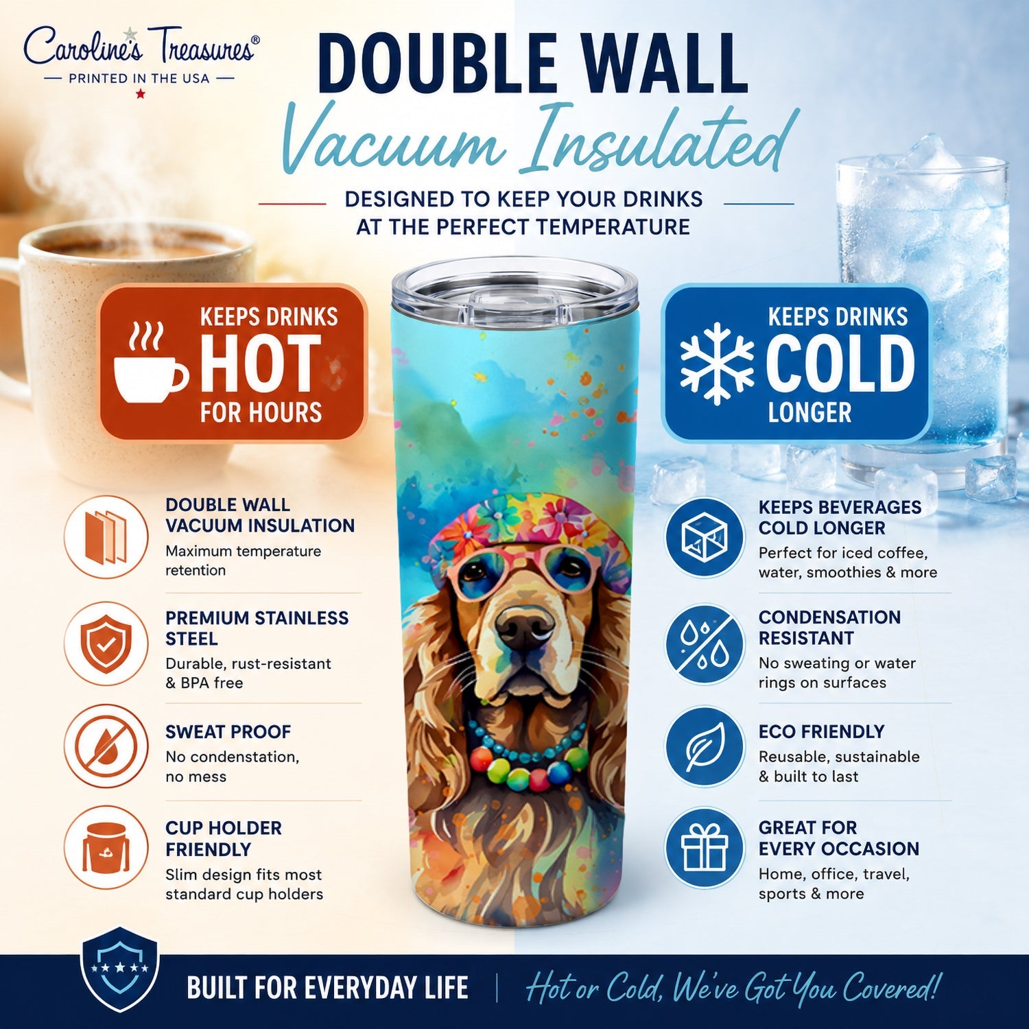 Cocker Spaniel Hippie Dawg Stainless Steel Skinny Tumbler 20 oz Vacuum Double Walled Reusable Insulated Travel Cup