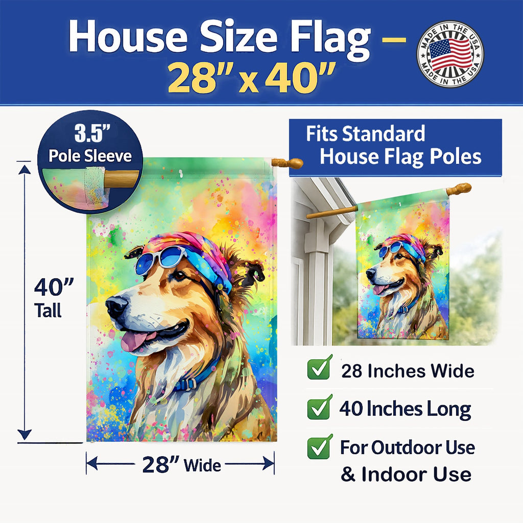 Collie Hippie Dawg House Flag 28x40 Porch Sleeve Pole Decorative Outside Yard Banner Artwork Wall Hanging, Polyester