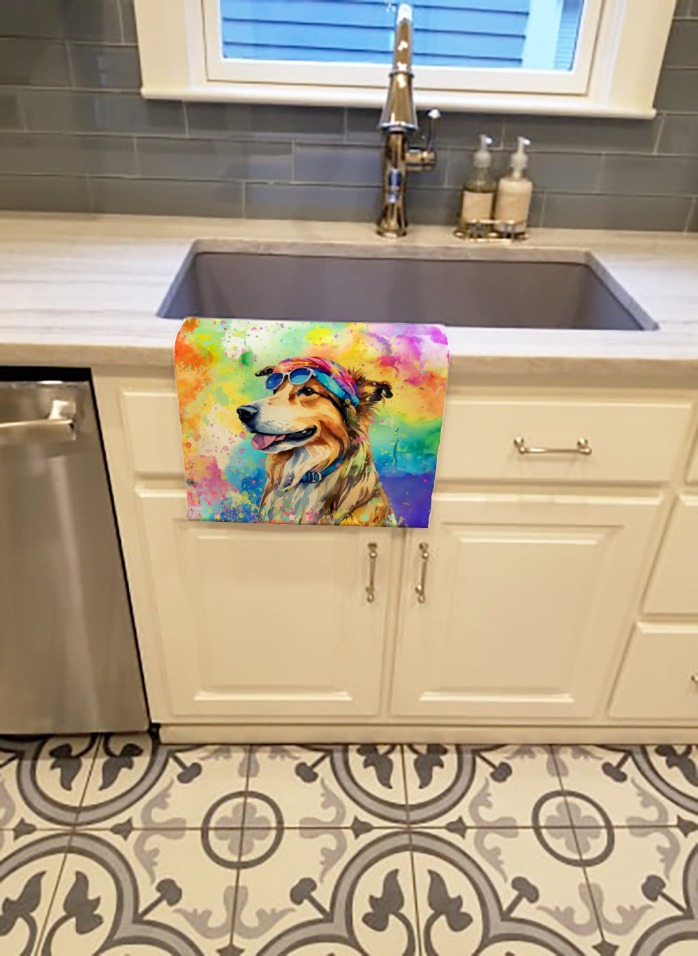 Collie Hippie Dawg Kitchen Towel Velour Plush Front and Cotton Loop Back Machine Washable