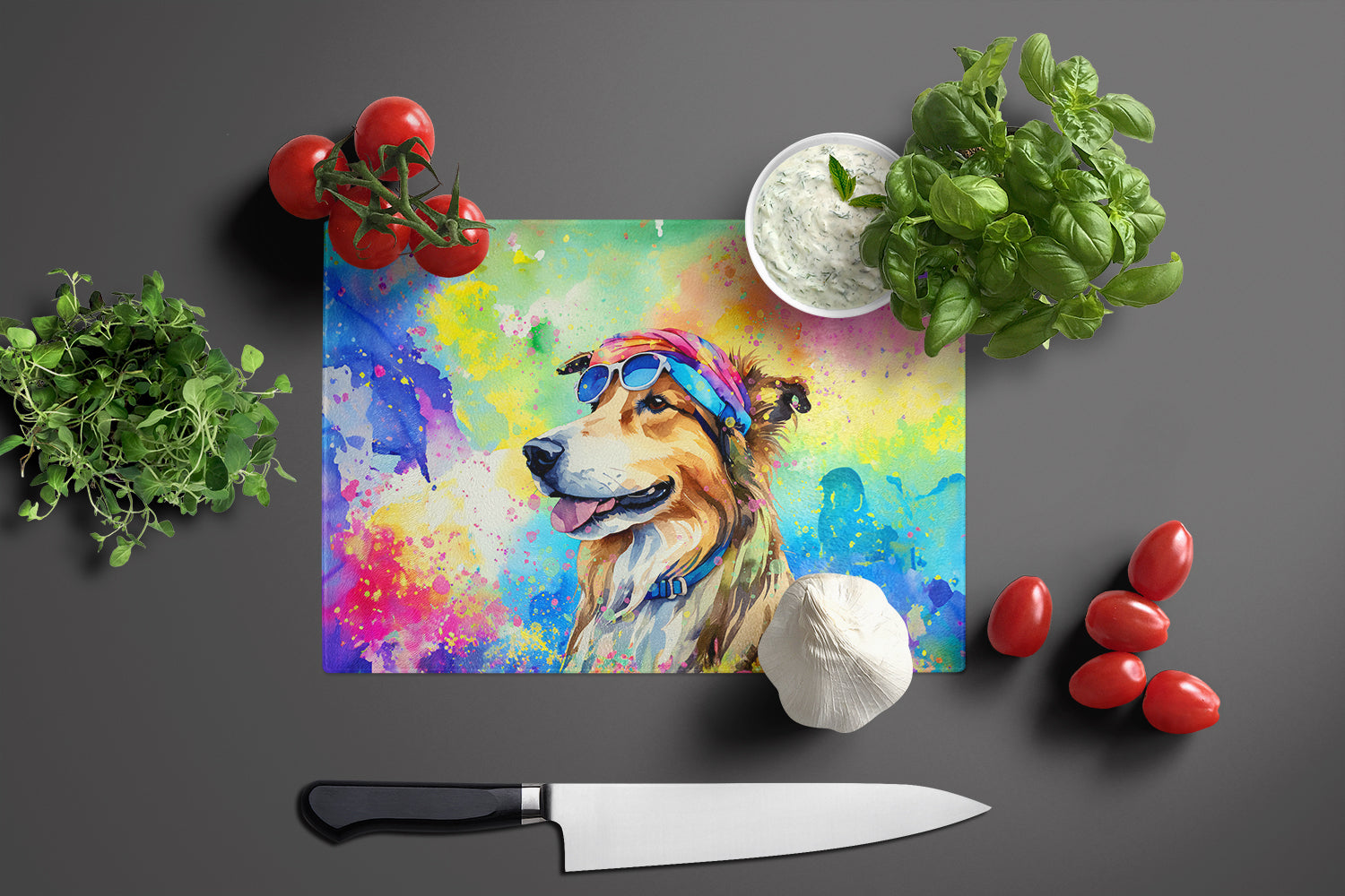 Collie Hippie Dawg Cutting Board Tempered Glass Kitchen Cutting Surface, Heat Resistant Chopping, Non-Slip Feet, Food Prep & Serving