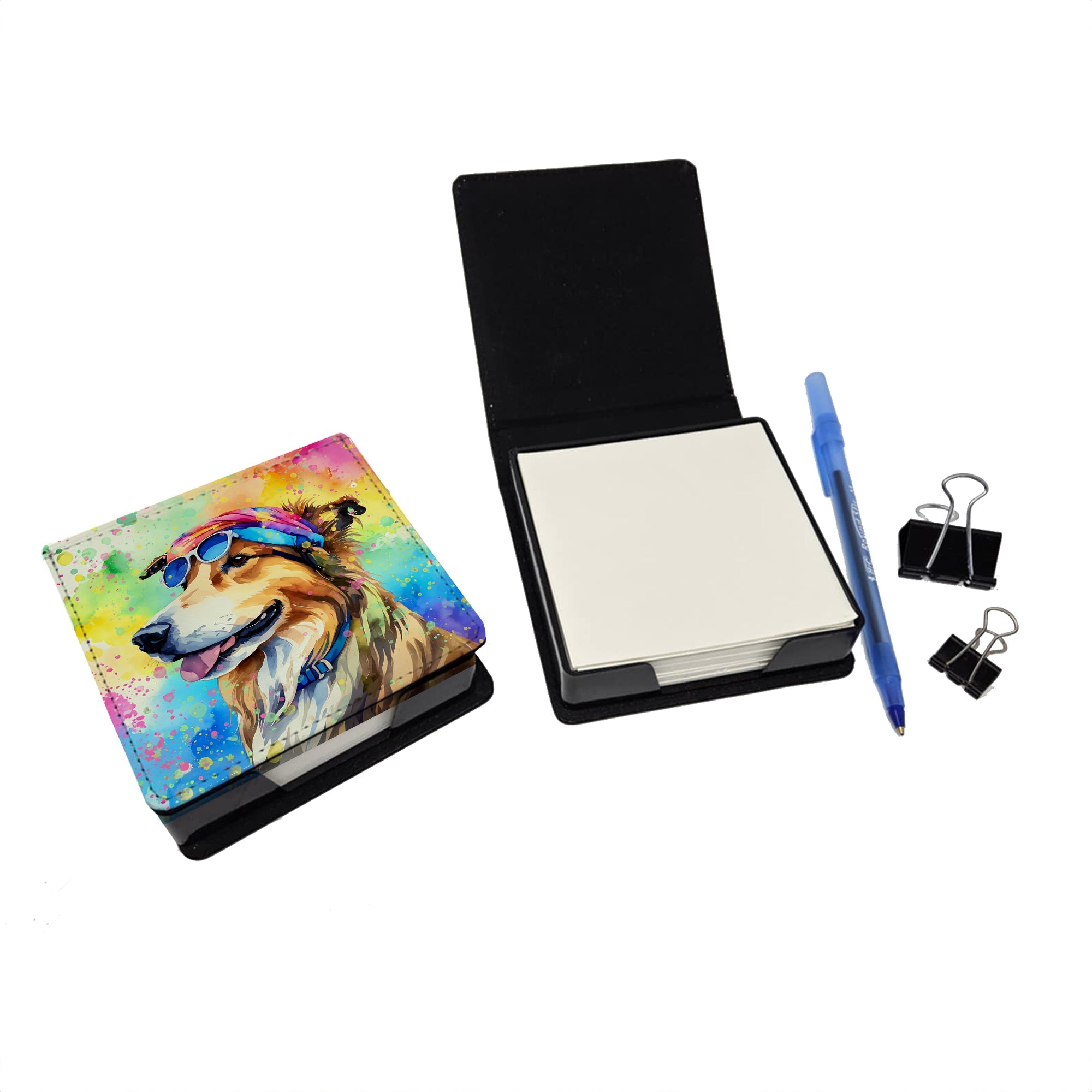 Collie Hippie Dawg PU Leather Note Paper Holder with Artist-Designed Cover, Desk Accessory, Office Gift